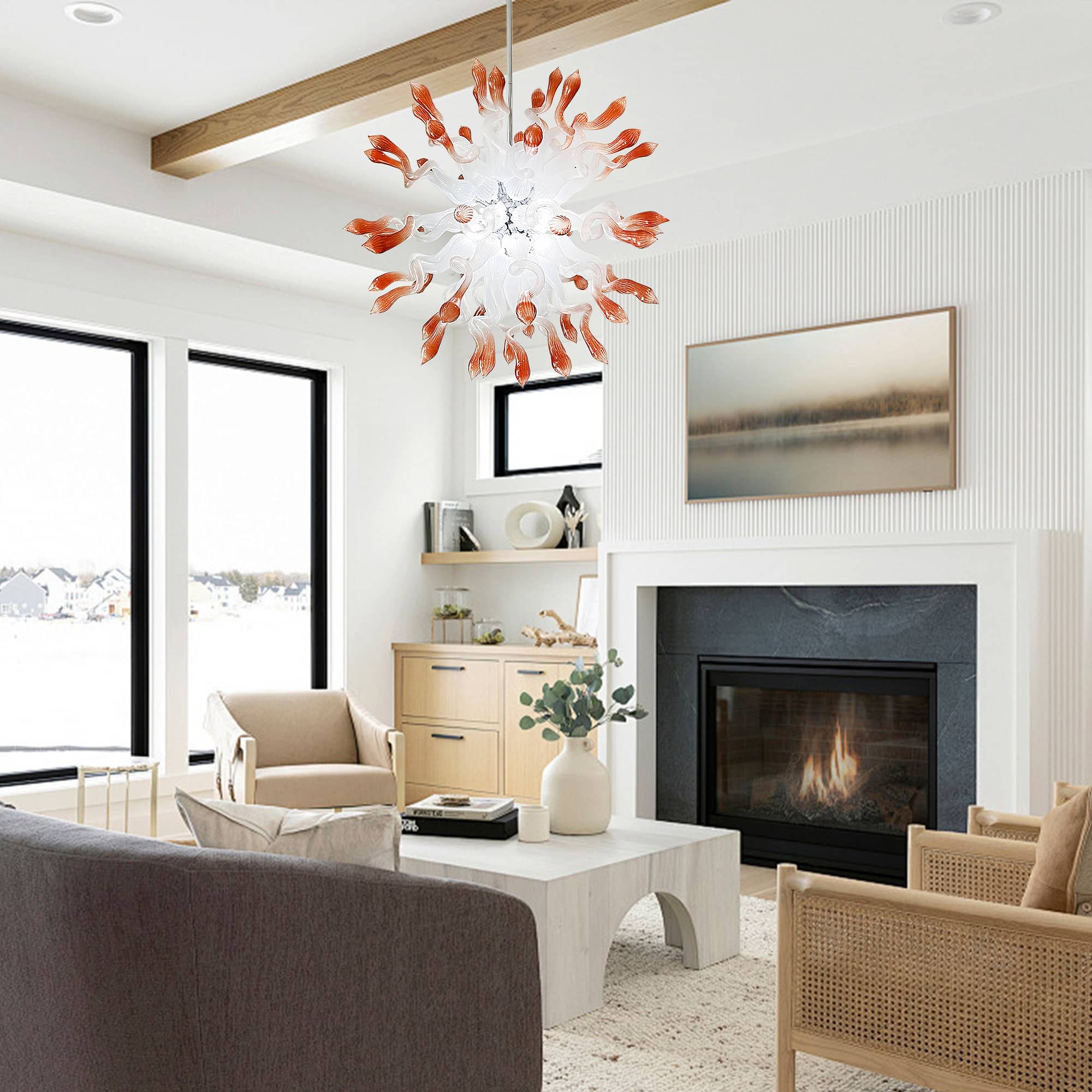 "Coral Mist" Large Sputnik-Style Hand-Blown Glass Chandelier - White with Coral Tips - BeyPan