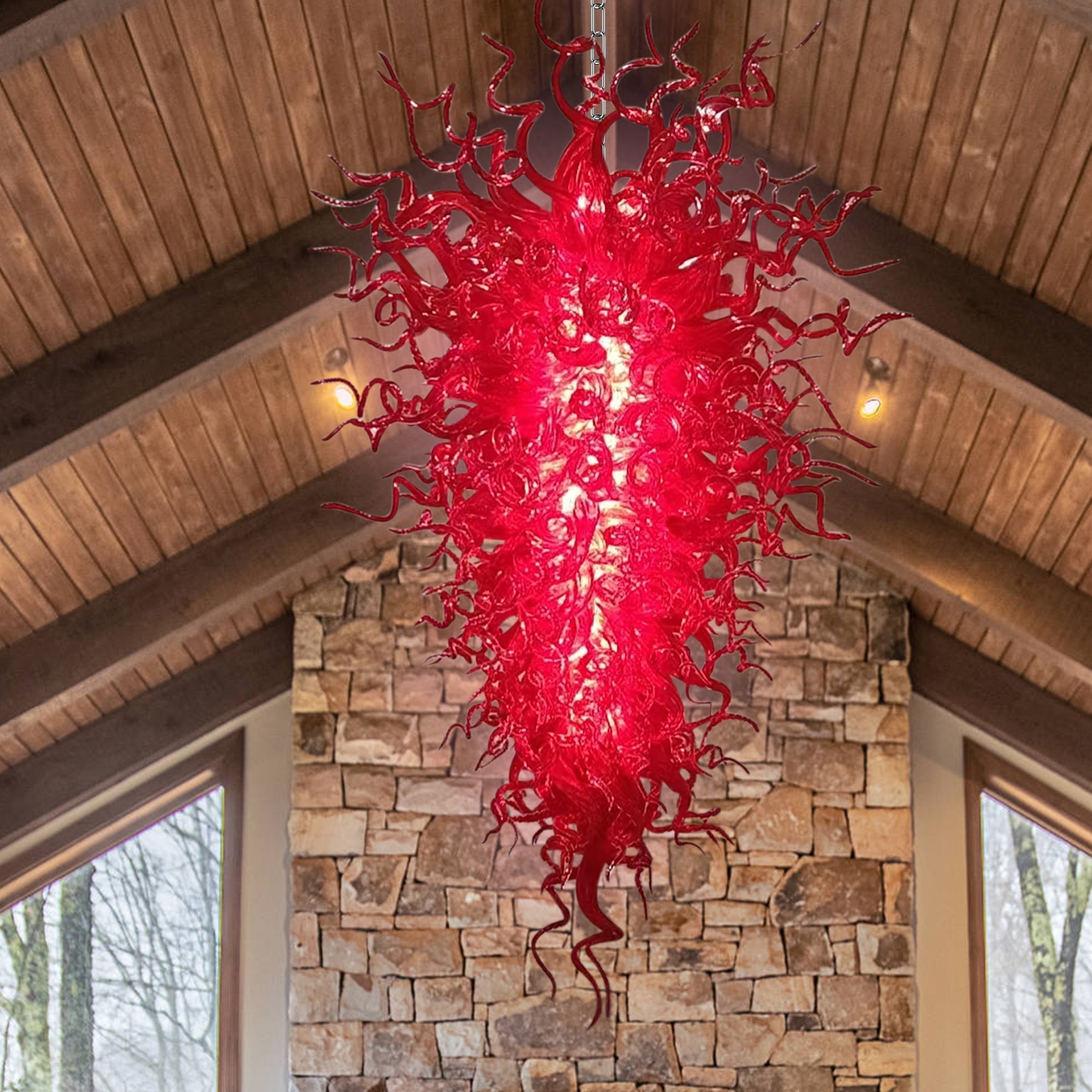 Crimson Murano Blown Glass Chandelier | Large Red Art Light Fixtures - BeyPan