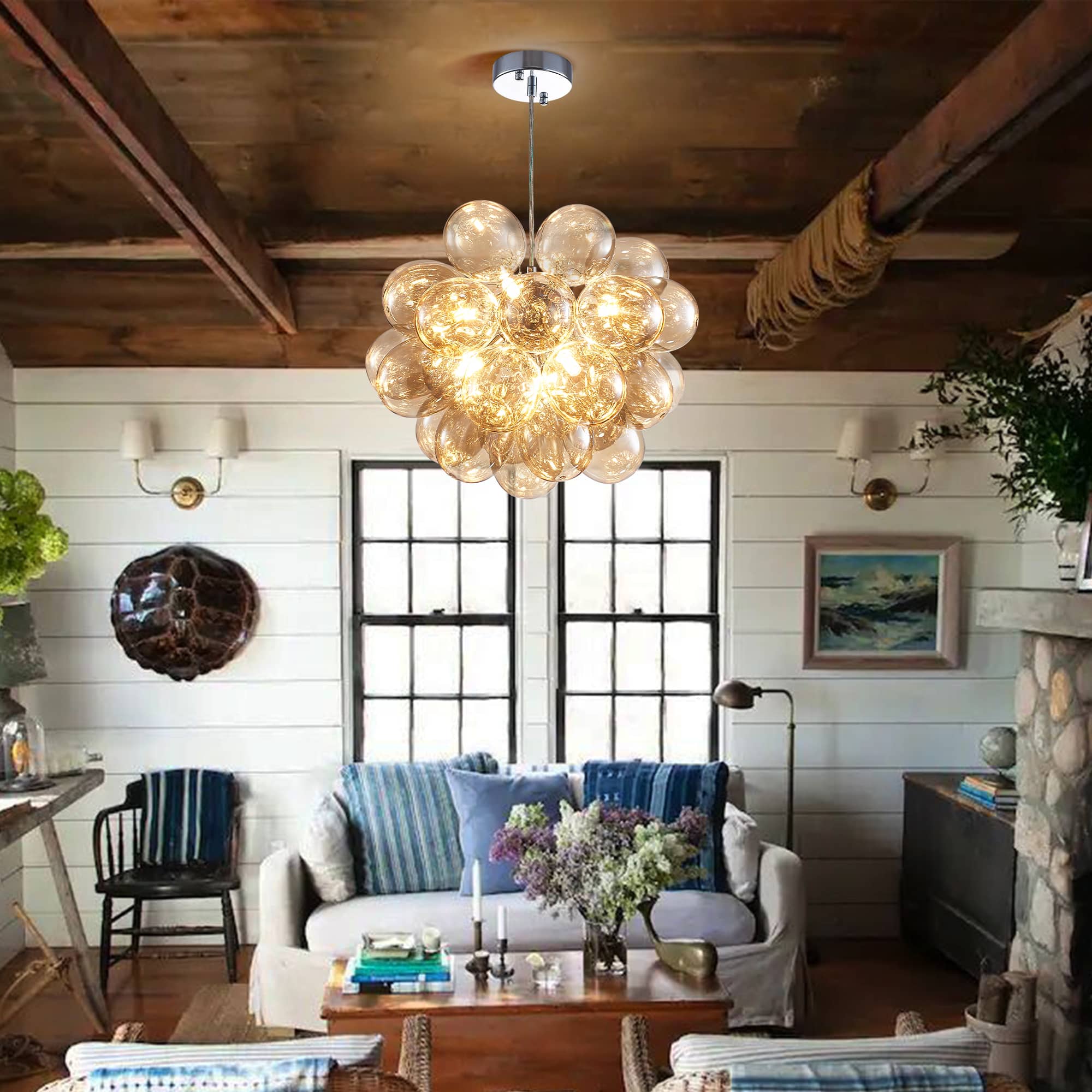 Dark Beige Blown Glass Bubbled Balloon Chandelier Light Brown - BeyPan