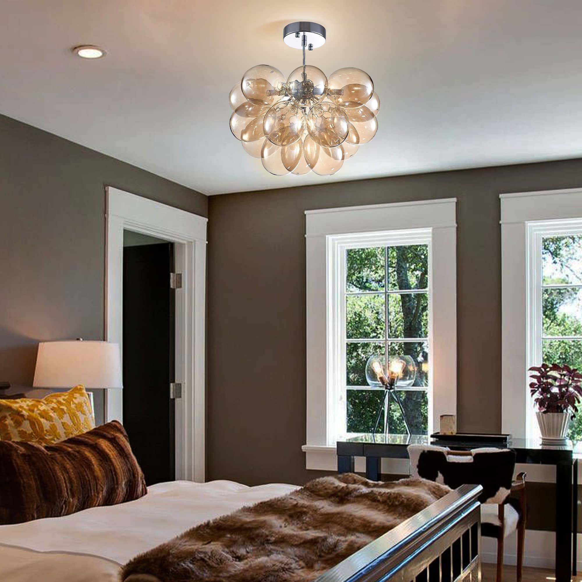 Dark Beige Blown Glass Bubbled Balloon Chandelier Light Brown - BeyPan