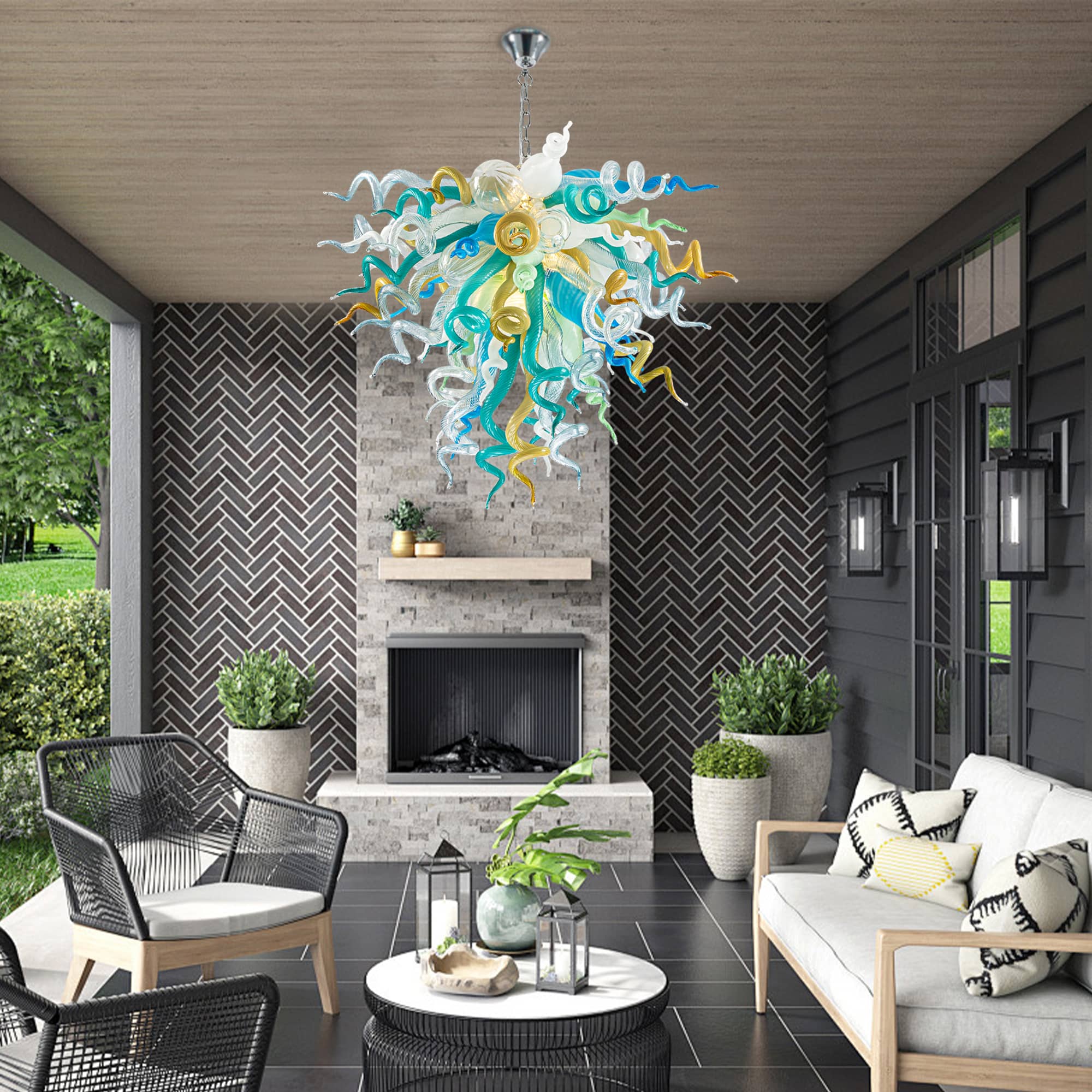 Elegant Murano Style Hand-Blown Glass Chandelier - Vibrant Mint, Teal, and Yellow Art Lighting - BeyPan
