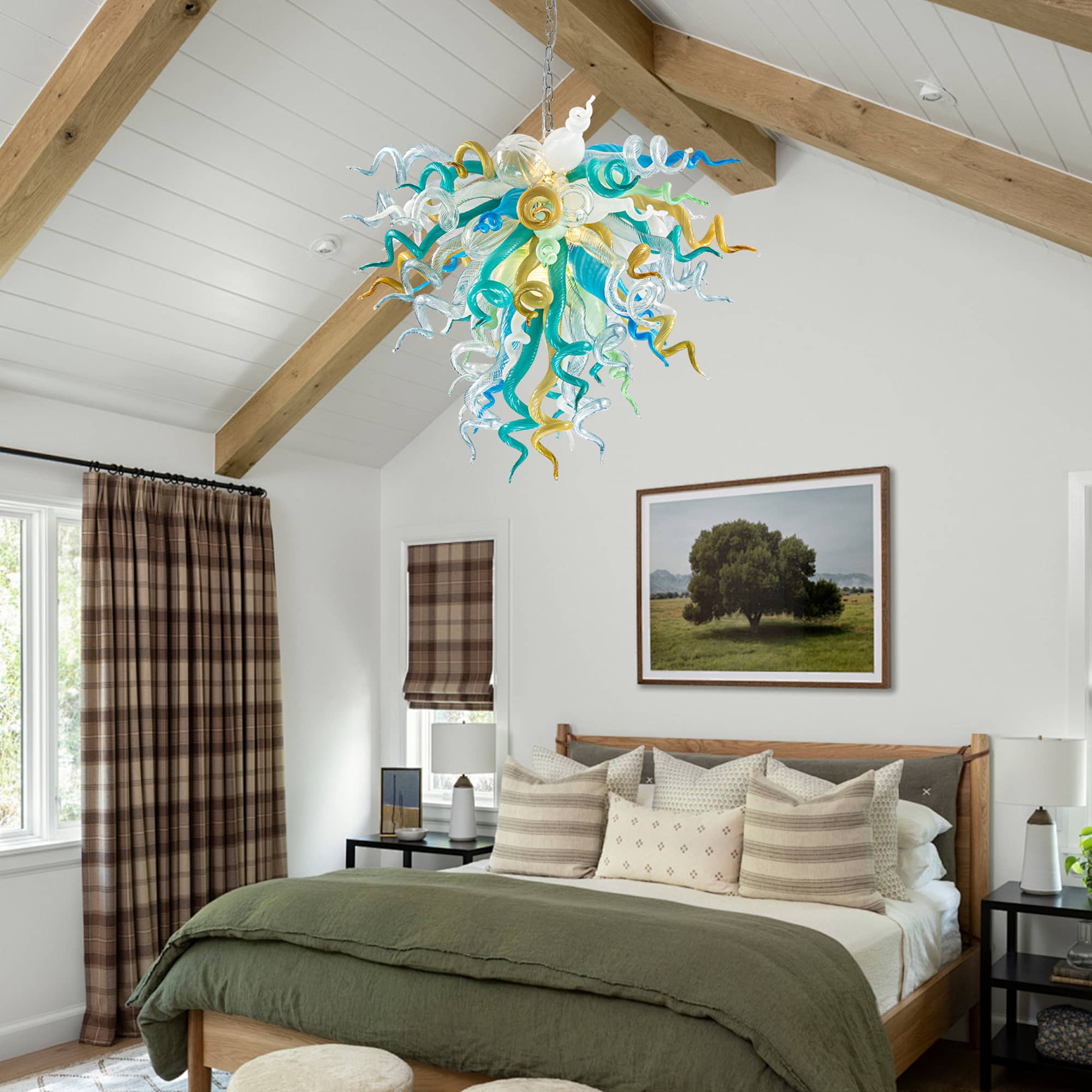 Elegant Murano Style Hand-Blown Glass Chandelier - Vibrant Mint, Teal, and Yellow Art Lighting - BeyPan
