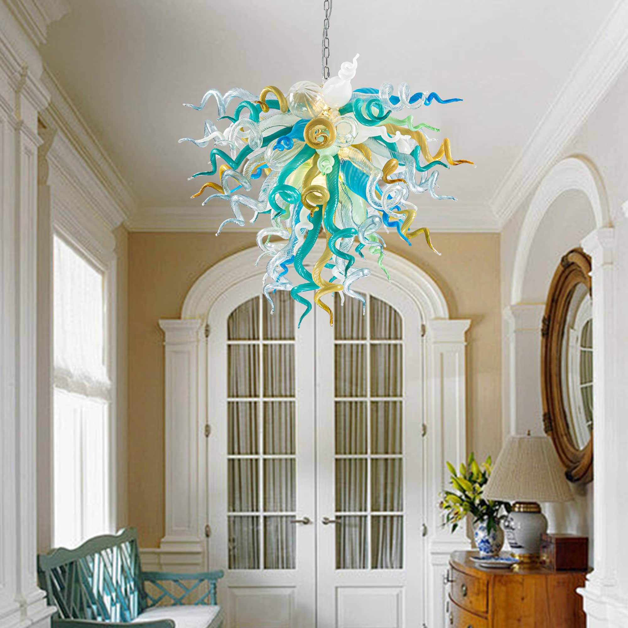 Elegant Murano Style Hand-Blown Glass Chandelier - Vibrant Mint, Teal, and Yellow Art Lighting - BeyPan