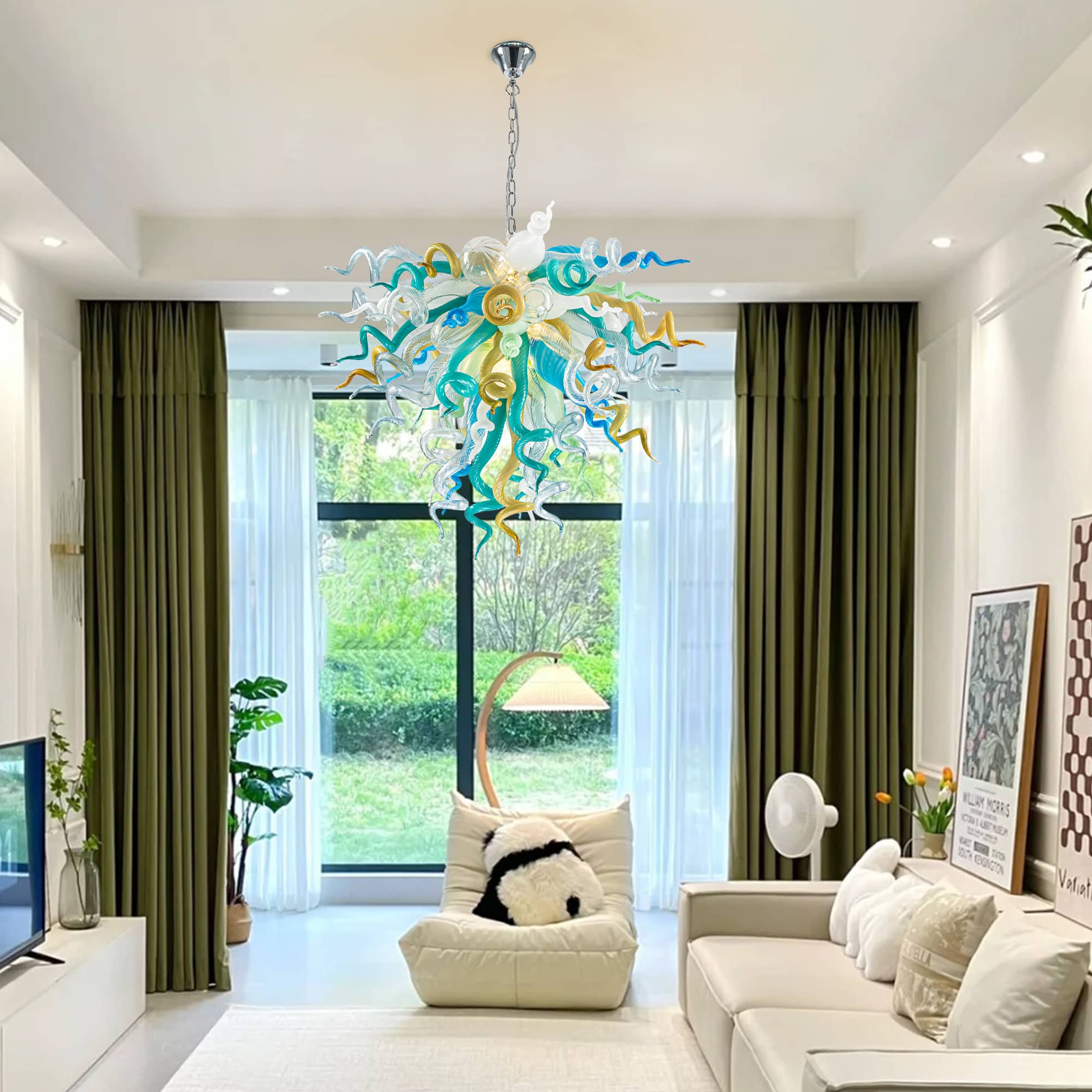Elegant Murano Style Hand-Blown Glass Chandelier - Vibrant Mint, Teal, and Yellow Art Lighting - BeyPan
