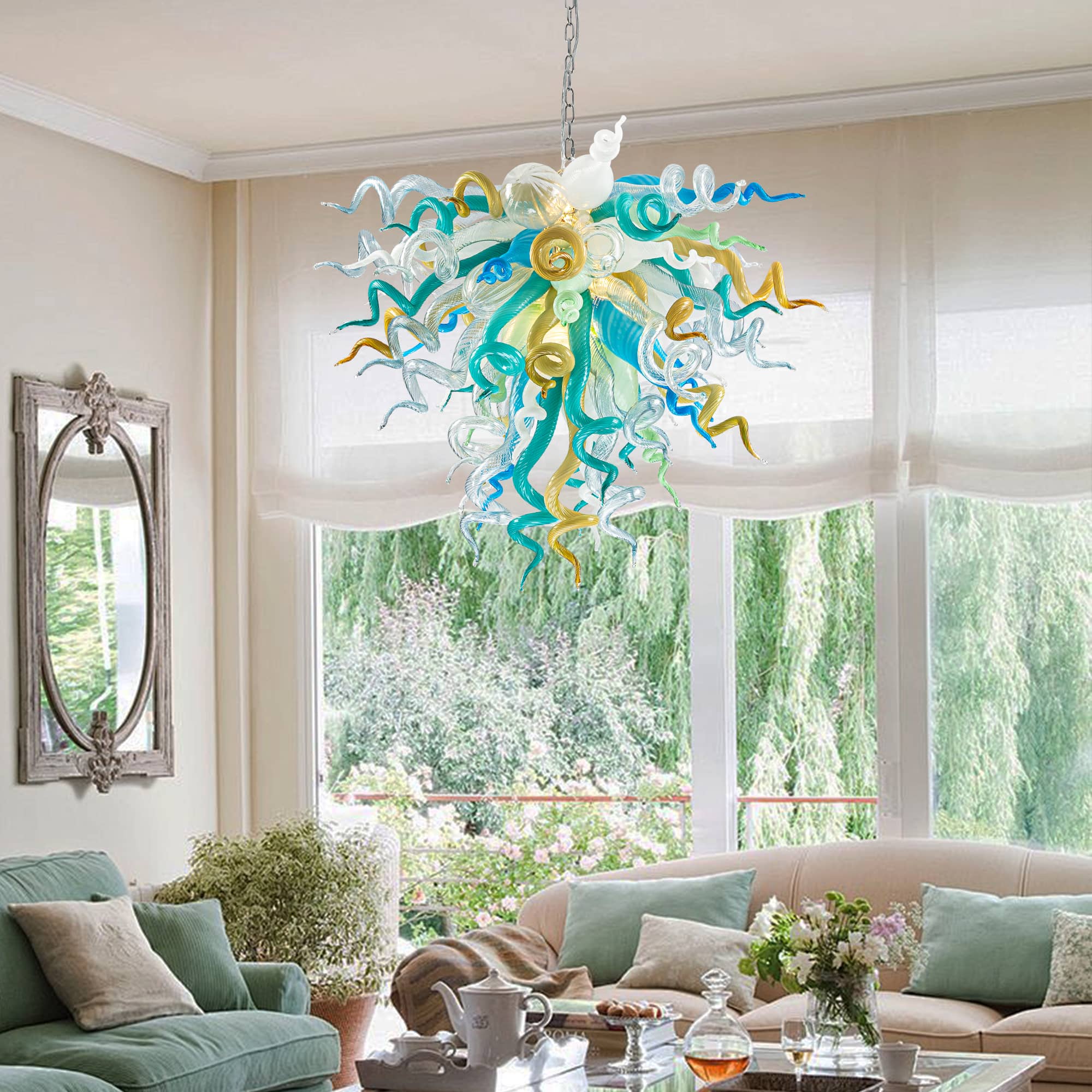 Elegant Murano Style Hand-Blown Glass Chandelier - Vibrant Mint, Teal, and Yellow Art Lighting - BeyPan