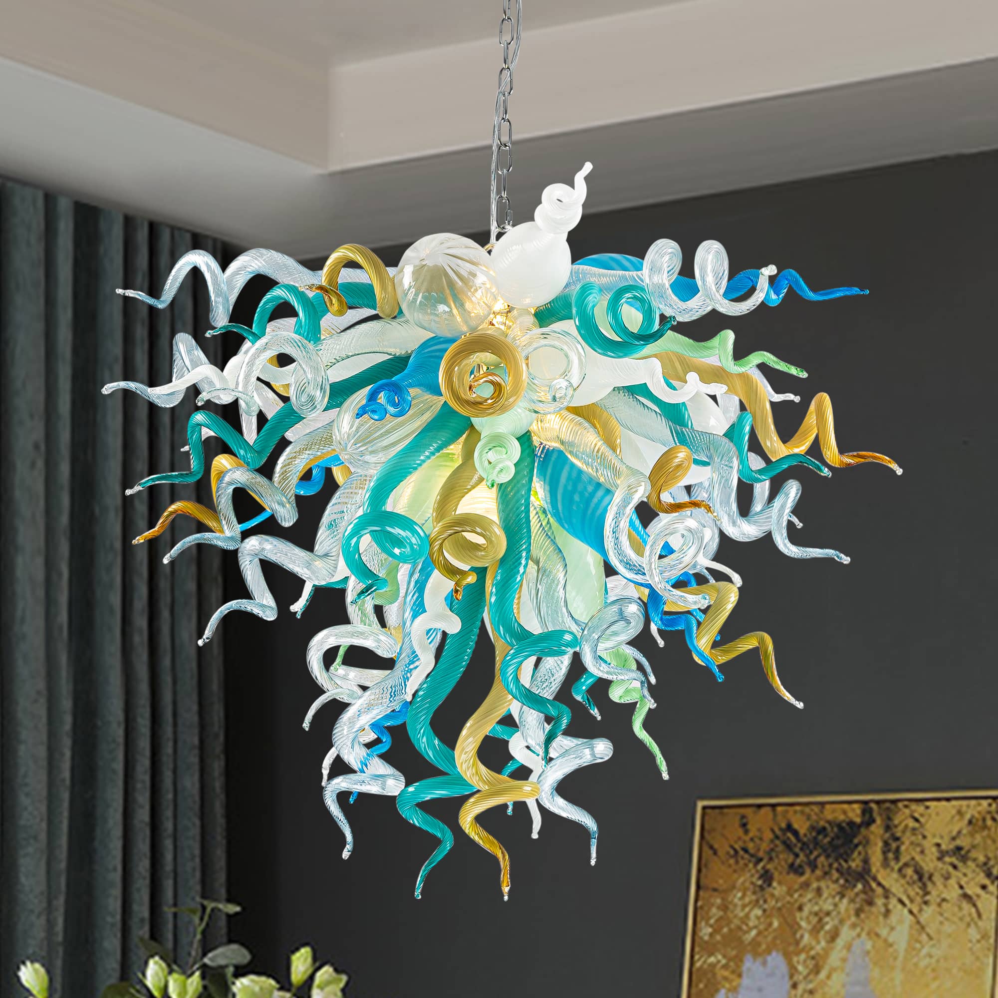 Elegant Murano Style Hand-Blown Glass Chandelier - Vibrant Mint, Teal, and Yellow Art Lighting - BeyPan Hauptbild