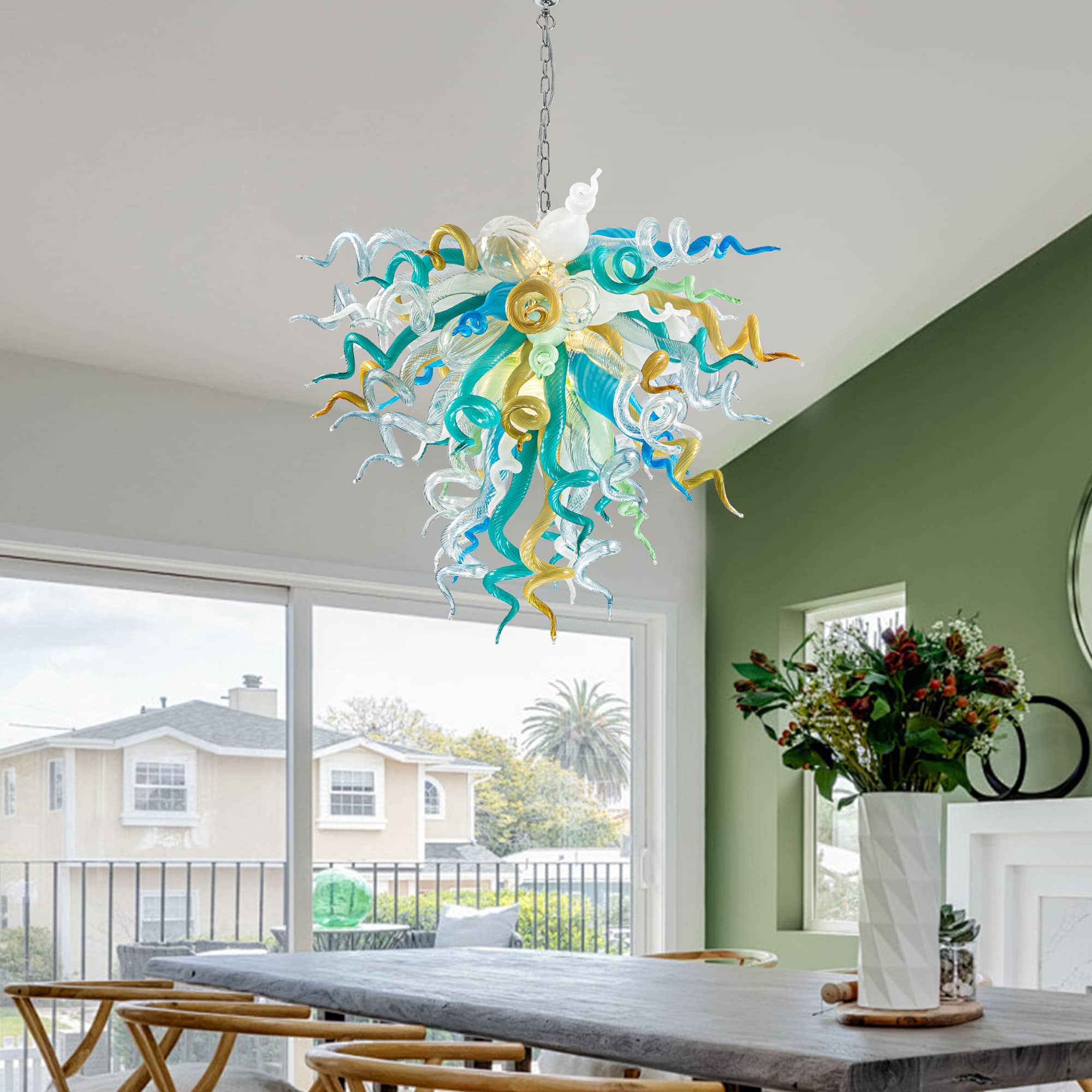 Elegant Murano Style Hand-Blown Glass Chandelier - Vibrant Mint, Teal, and Yellow Art Lighting Zweitbild