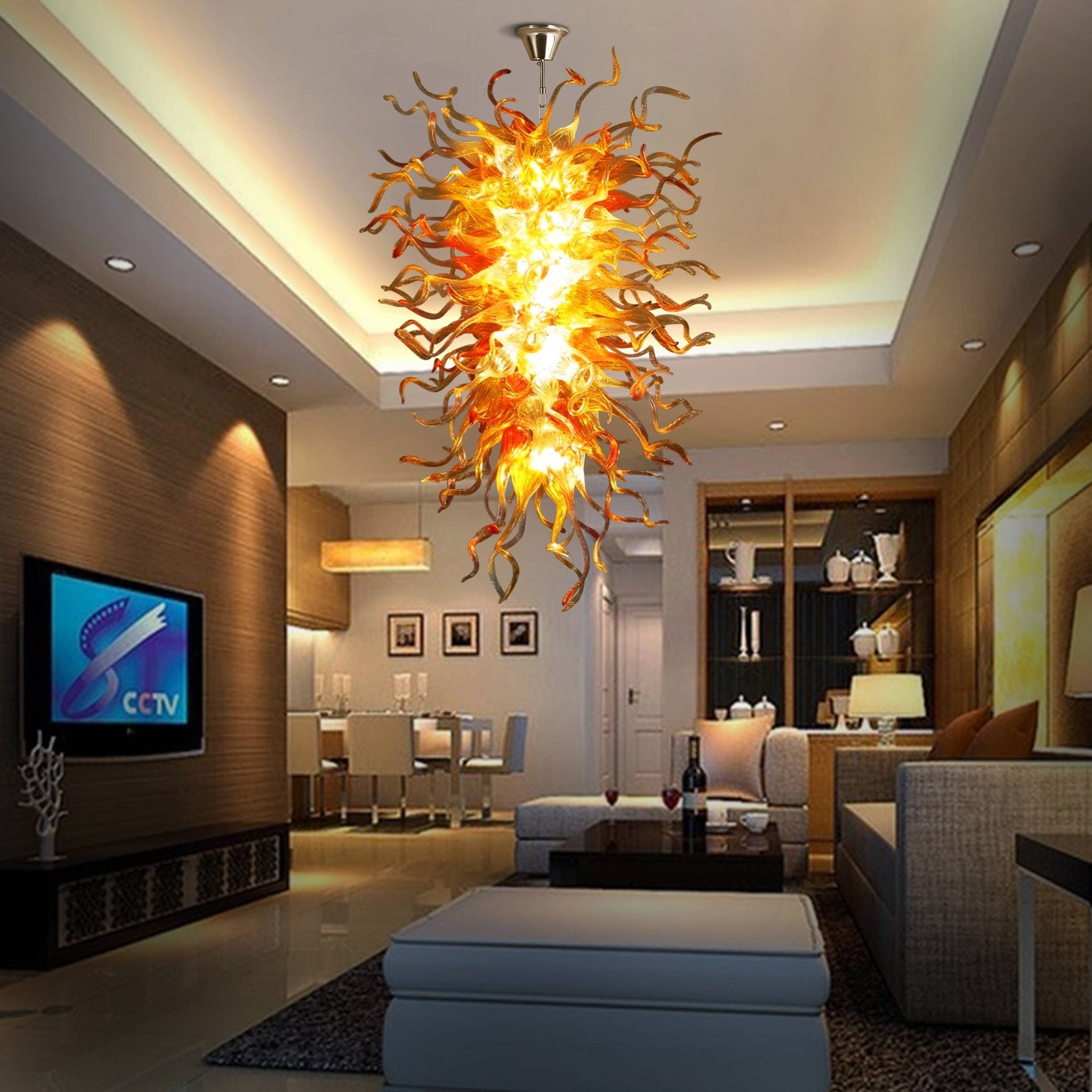 Fiery Amber Cascade Hand Blown Glass Chandelier - Modern Art Lighting - BeyPan