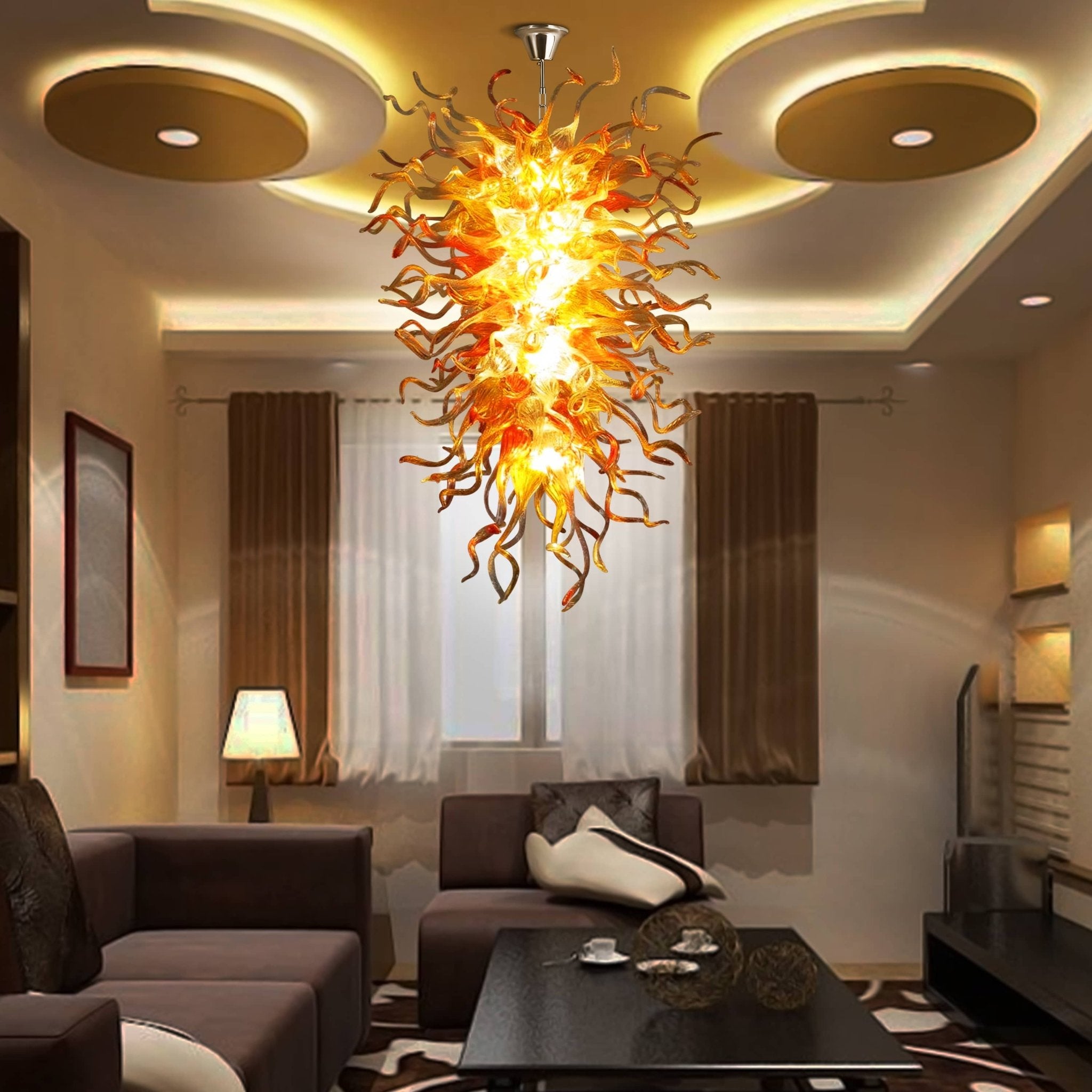 Fiery Amber Cascade Hand Blown Glass Chandelier - Modern Art Lighting - BeyPan