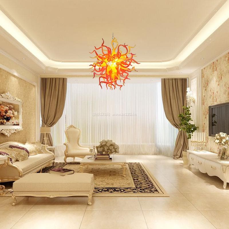 Flaming Sun Flare Artisan Glass Chandelier - Modern Hand-Blown Red and Yellow Zweitbild