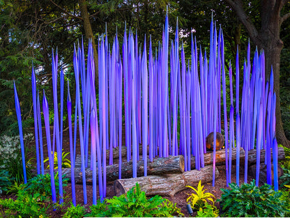 Garden blown glass installation set in purple color