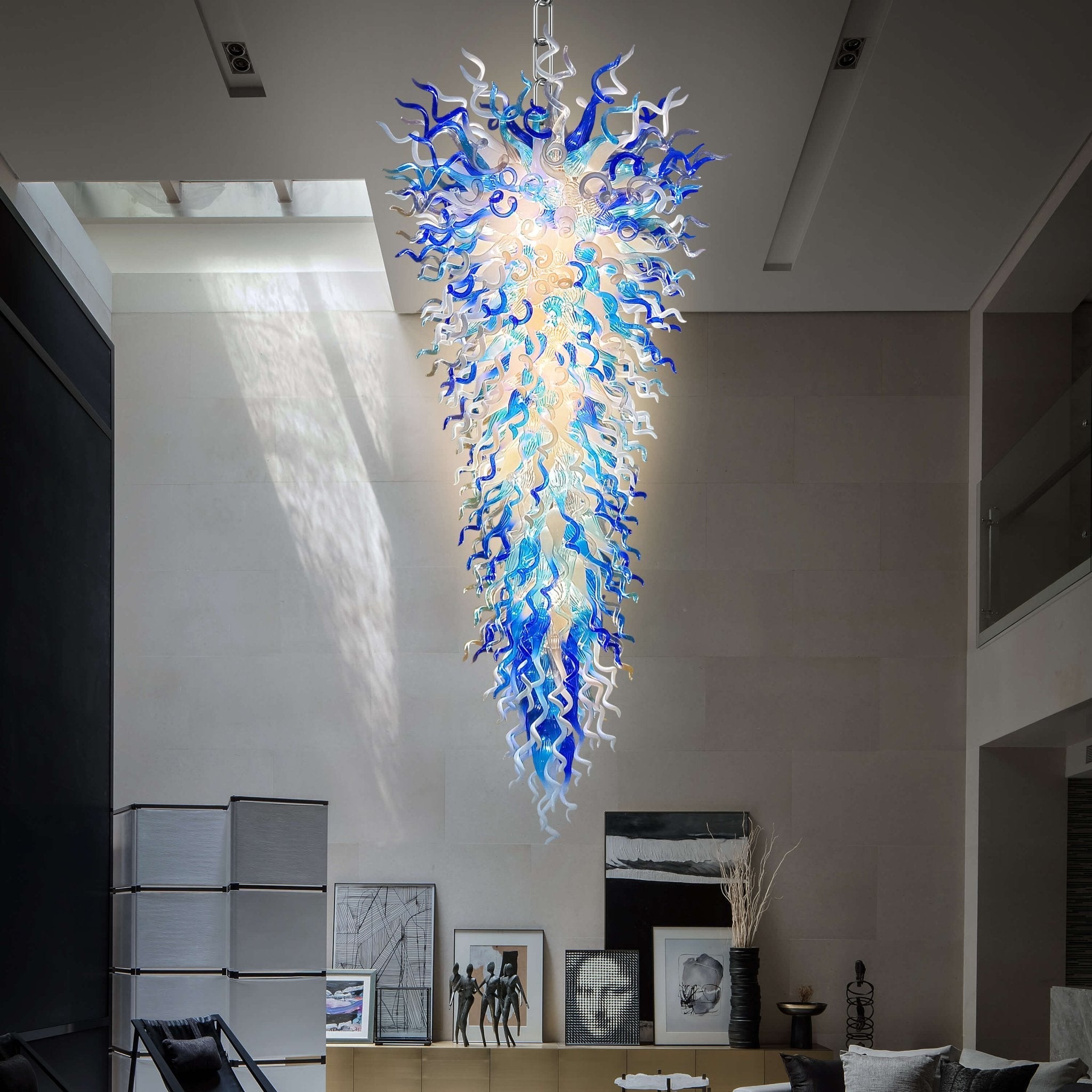 Grand Arctic Cascade Blown Glass Chandelier - Extra Large Blue and White Inverted Cone - BeyPan