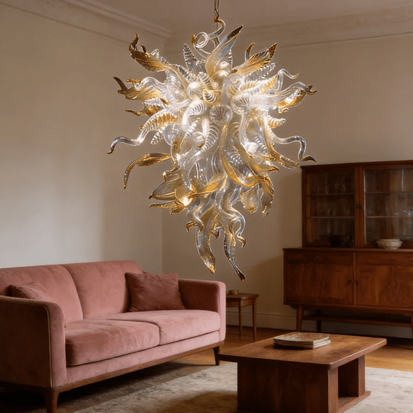 Hand Blown Glass Chandelier with Horn and Leaf Design – Luxury Murano Style Pendant Light - BeyPan