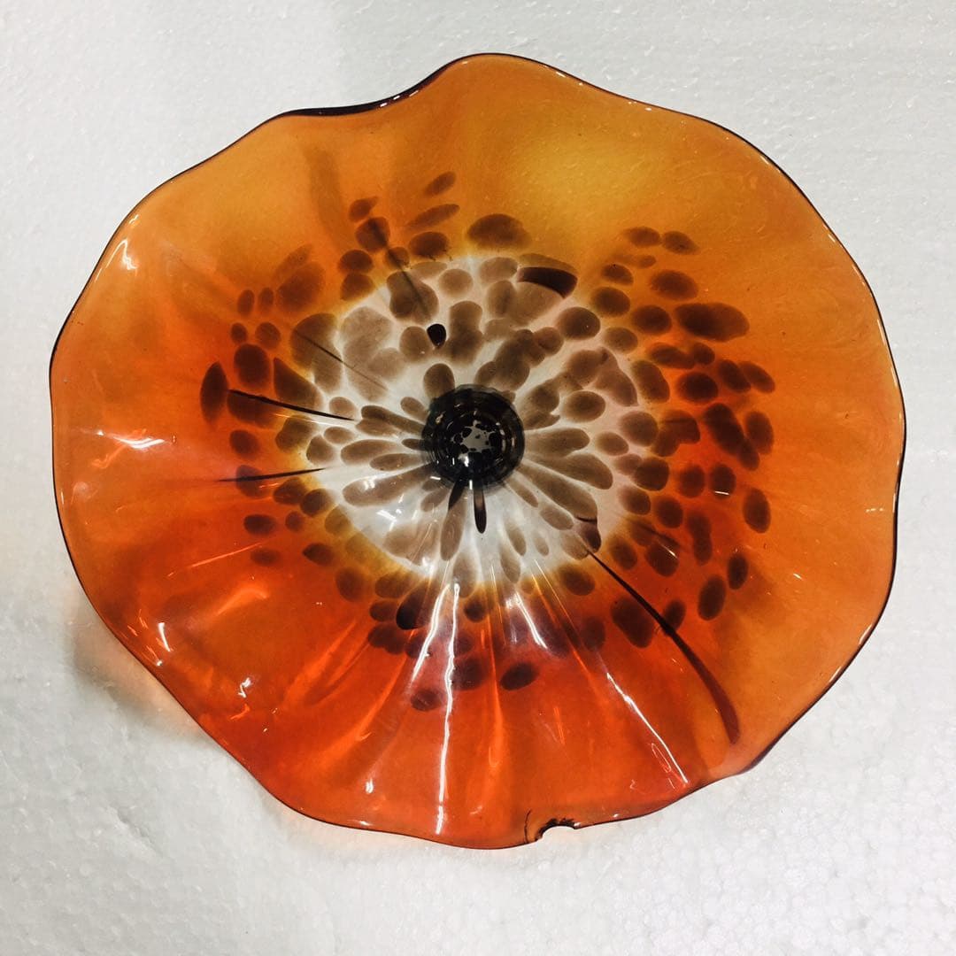 Hand Blown Murano Glass Wall Plate Orange And Brown Spots D12inches - BeyPan
