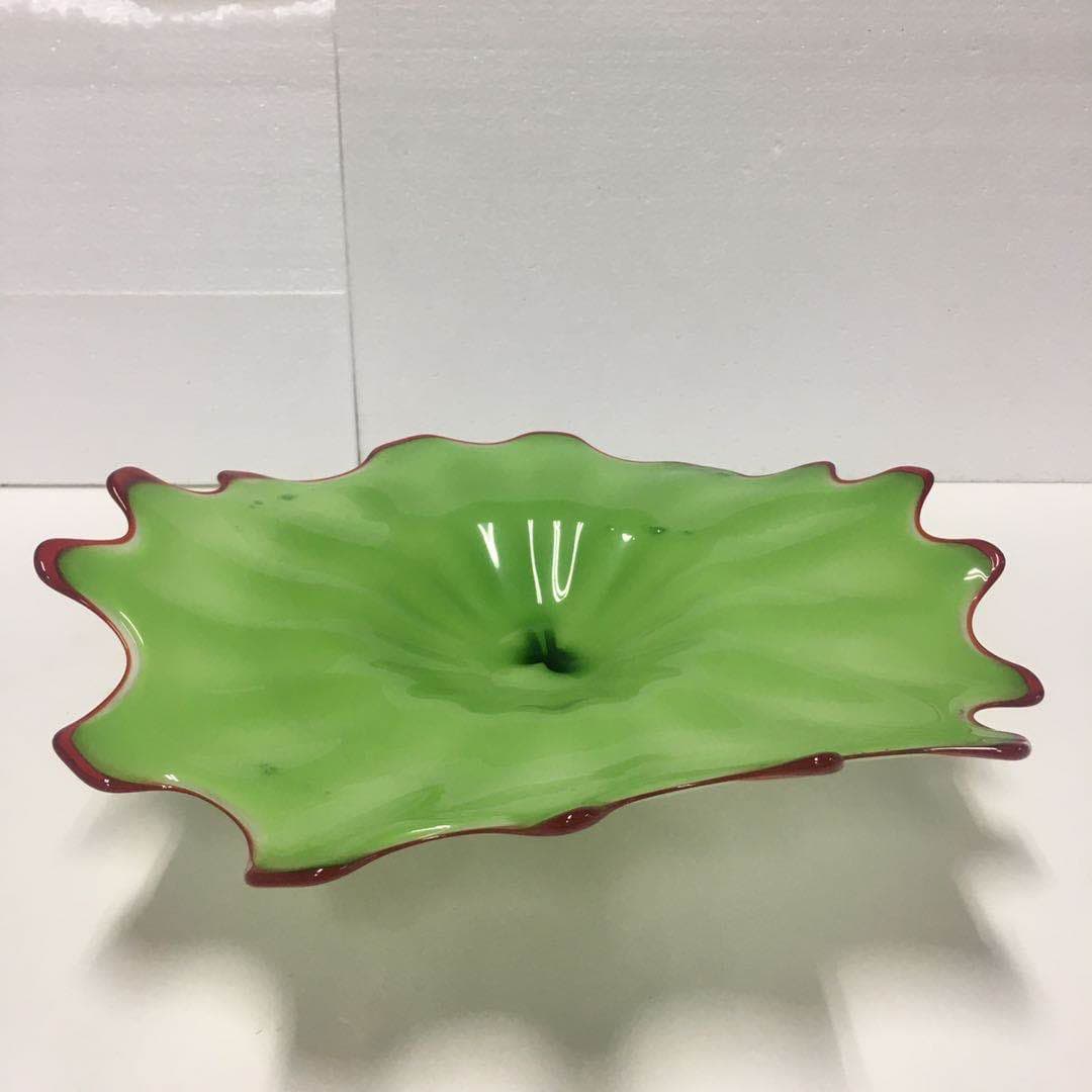 Hand Blown Murano Glass Wall Plates Green With Red Rim D12Inches - BeyPan