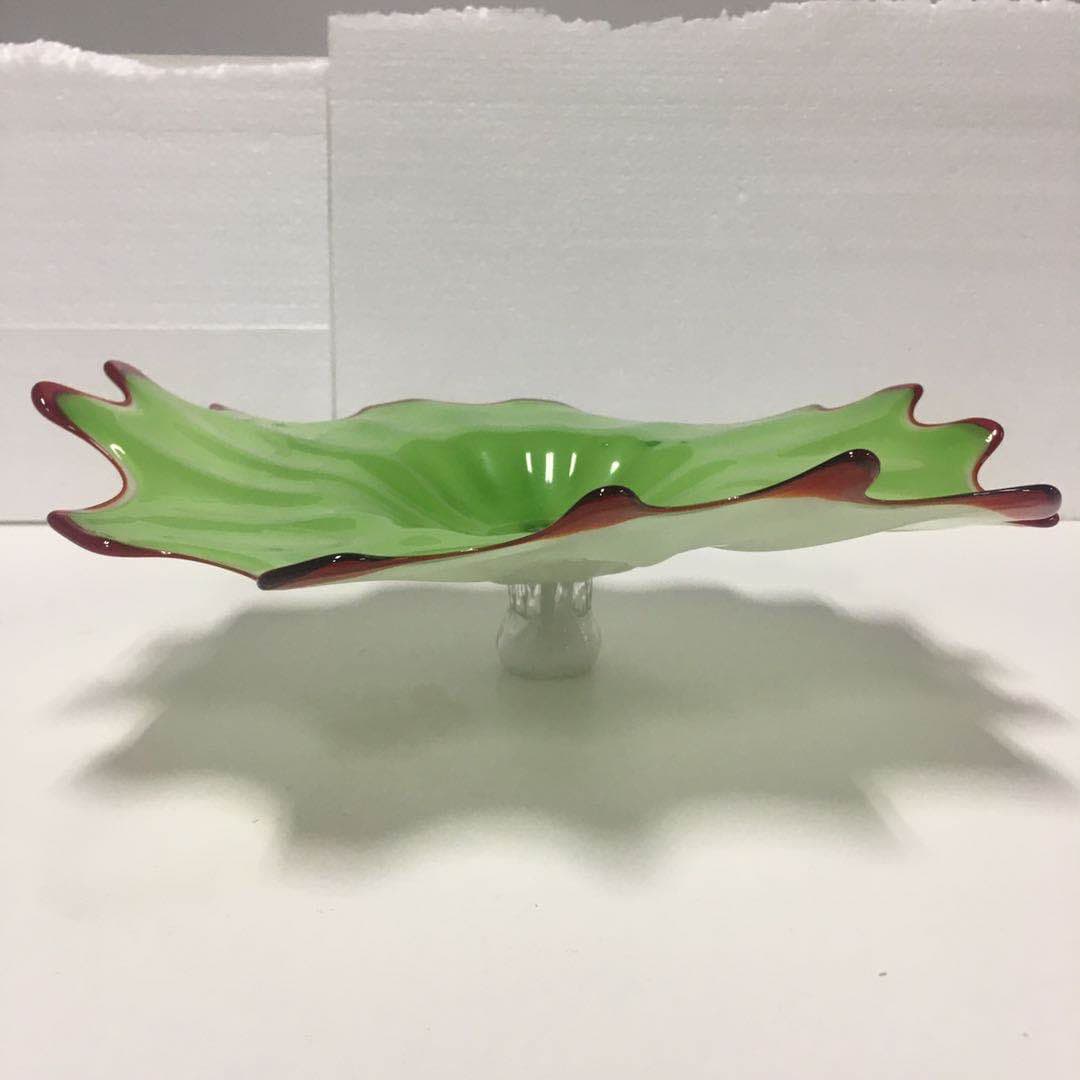 Hand Blown Murano Glass Wall Plates Green With Red Rim D12Inches - BeyPan