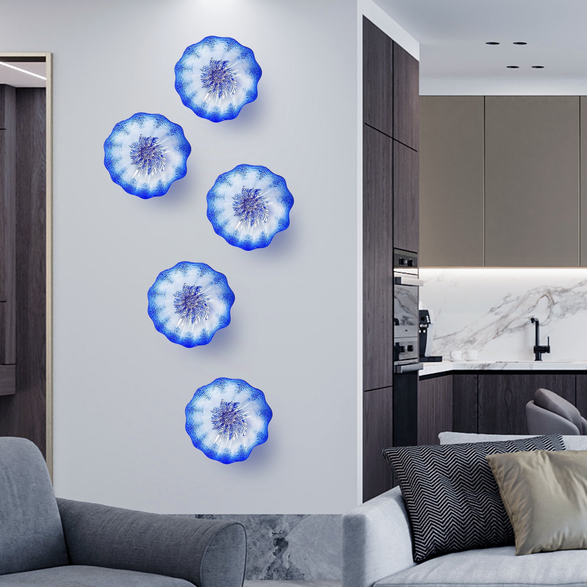 Hand Bowls Glass Blue and White Murano Art Glass Wall Decor Plate D12inches - BeyPan