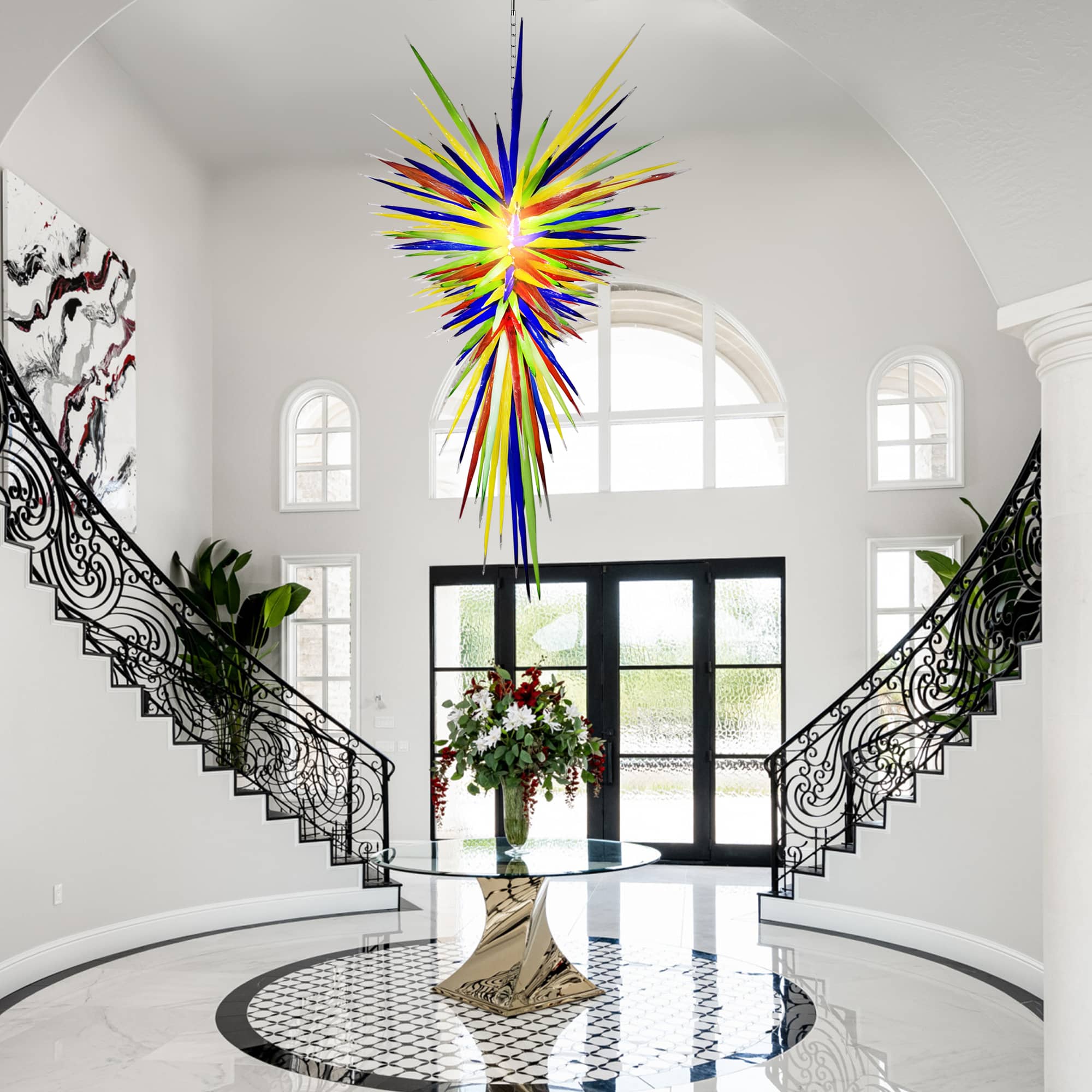 Large Murano Style Blown Glass Chandelier - Colorful Icicle Spikes Ceiling Light - D40" x H96" - BeyPan