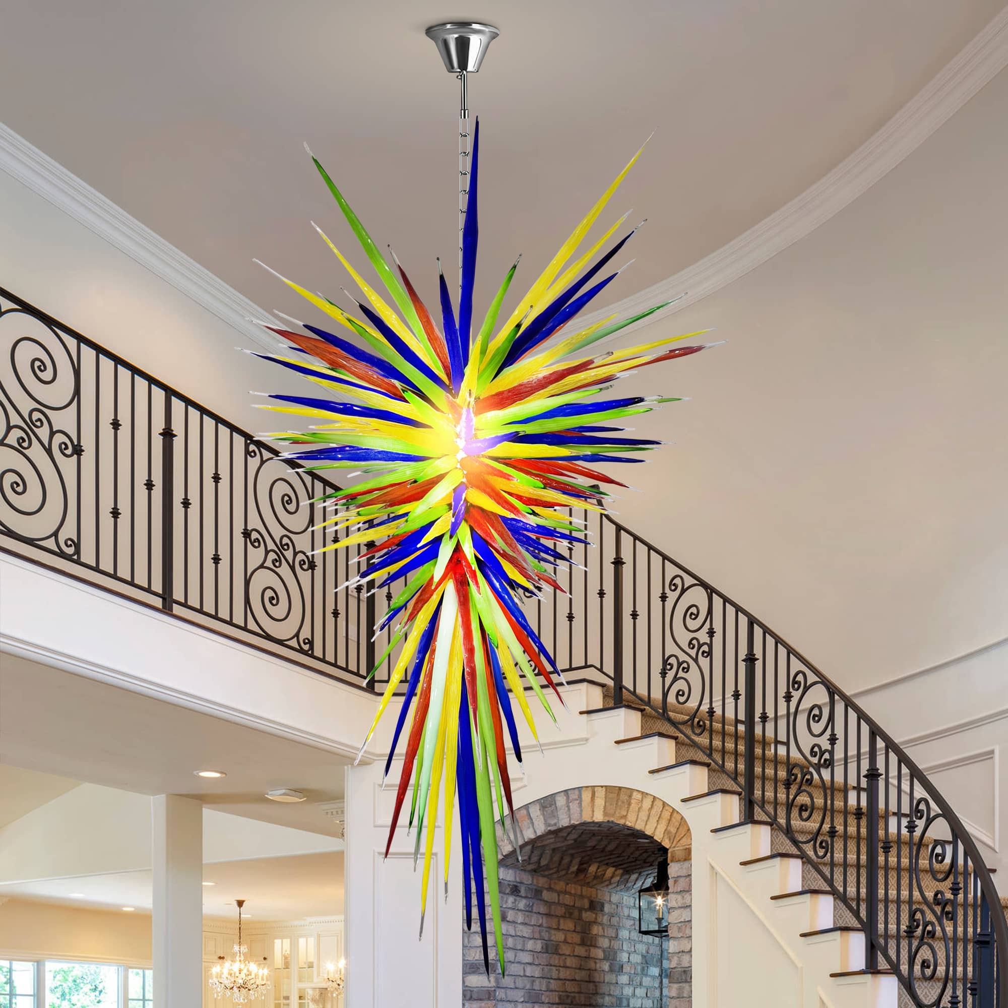 Large Murano Style Blown Glass Chandelier - Colorful Icicle Spikes Ceiling Light - D40" x H96" - BeyPan