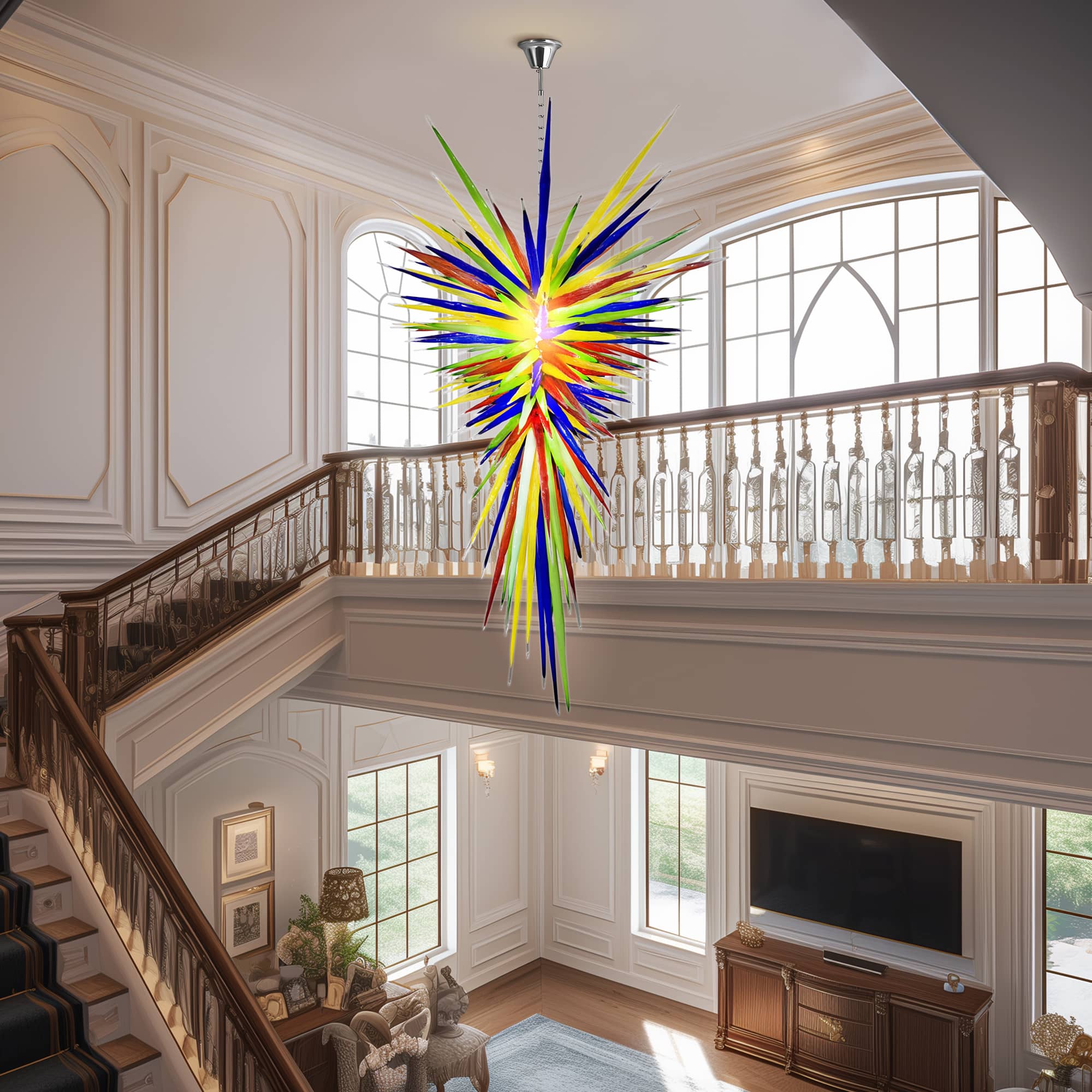 Large Murano Style Blown Glass Chandelier - Colorful Icicle Spikes Ceiling Light - D40" x H96" - BeyPan
