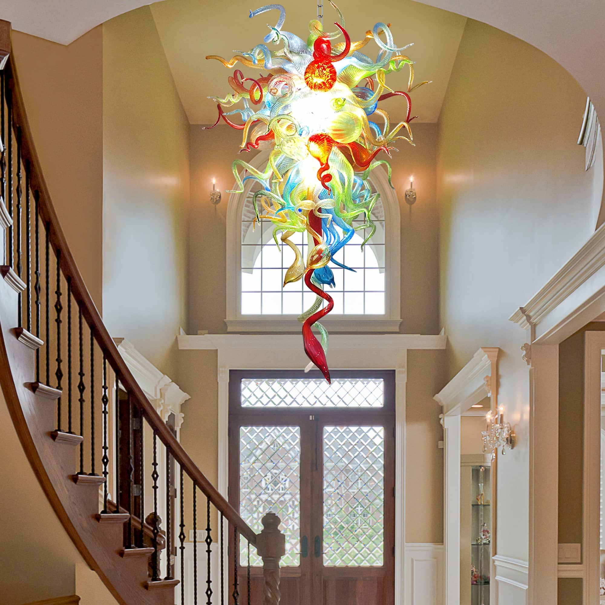 Long Spiral Murano Style Blown Glass Chandelier - Vibrant Abstract Art Lighting D28"xH48" - BeyPan
