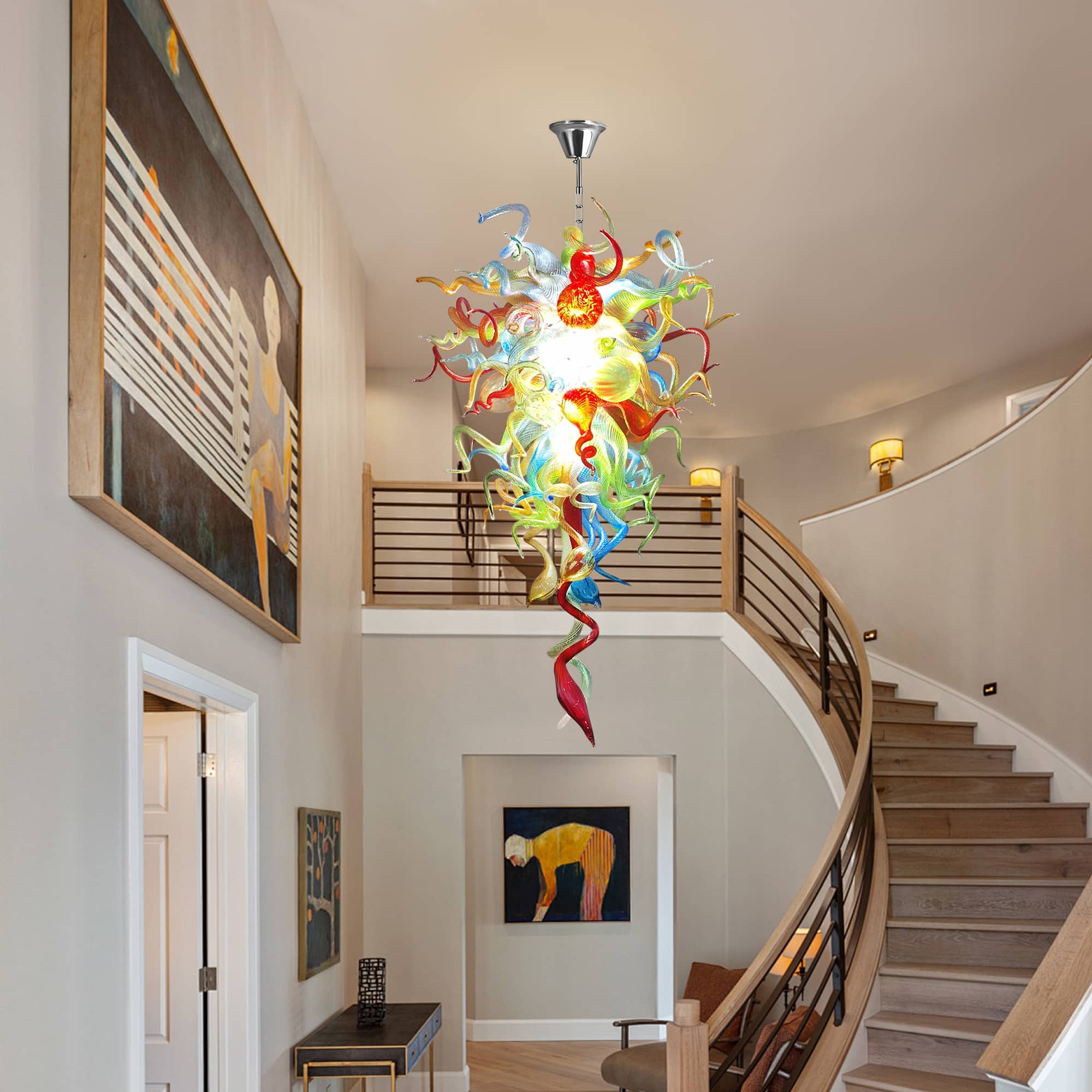 Long Spiral Murano Style Blown Glass Chandelier - Vibrant Abstract Art Lighting D28"xH48" - BeyPan
