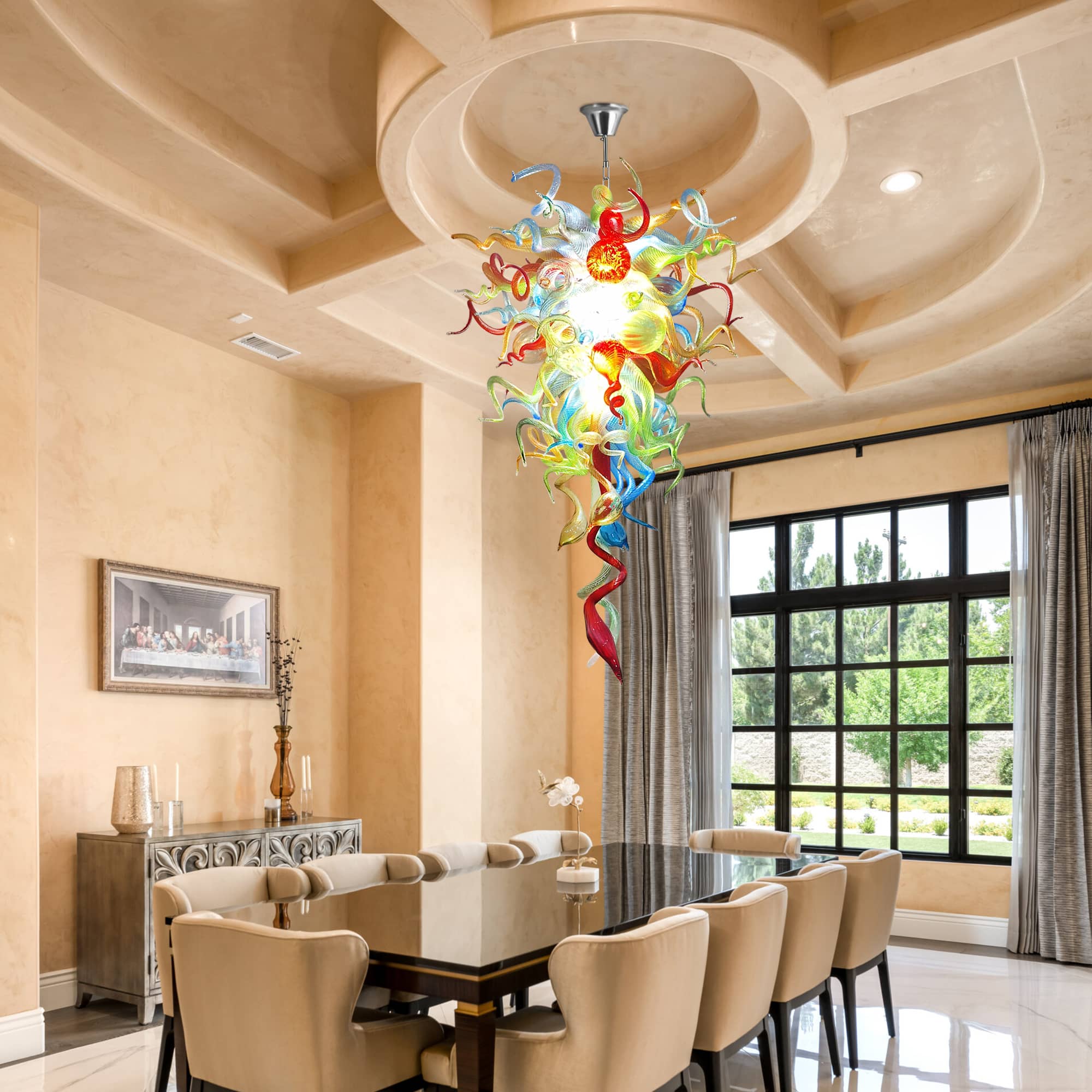 Long Spiral Murano Style Blown Glass Chandelier - Vibrant Abstract Art Lighting D28"xH48" - BeyPan
