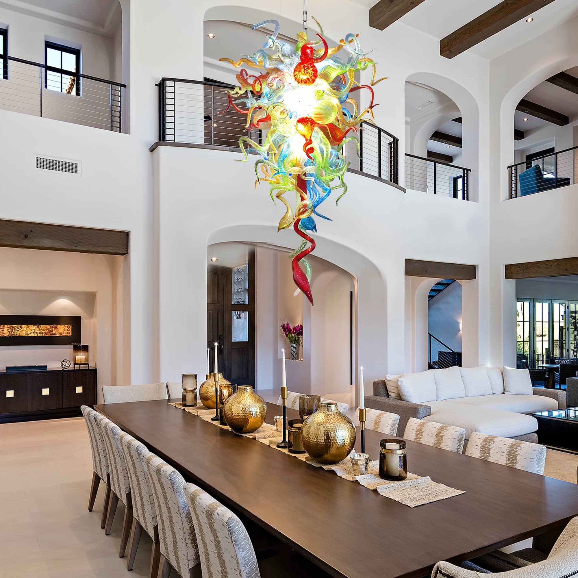 Long Spiral Murano Style Blown Glass Chandelier - Vibrant Abstract Art Lighting D28"xH48" - BeyPan