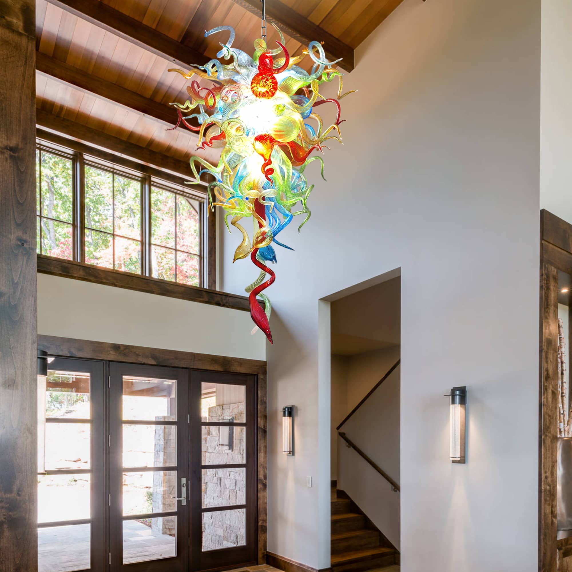 Long Spiral Murano Style Blown Glass Chandelier - Vibrant Abstract Art Lighting D28"xH48" - BeyPan