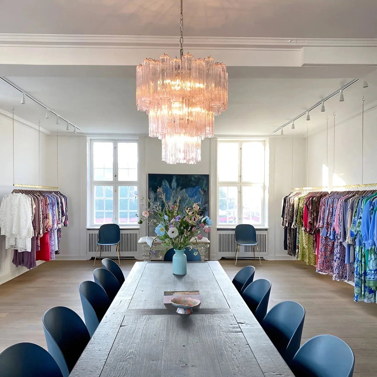 Madeleine Pink Murano-Style Tiered Glass Tube Chandelier - BeyPan
