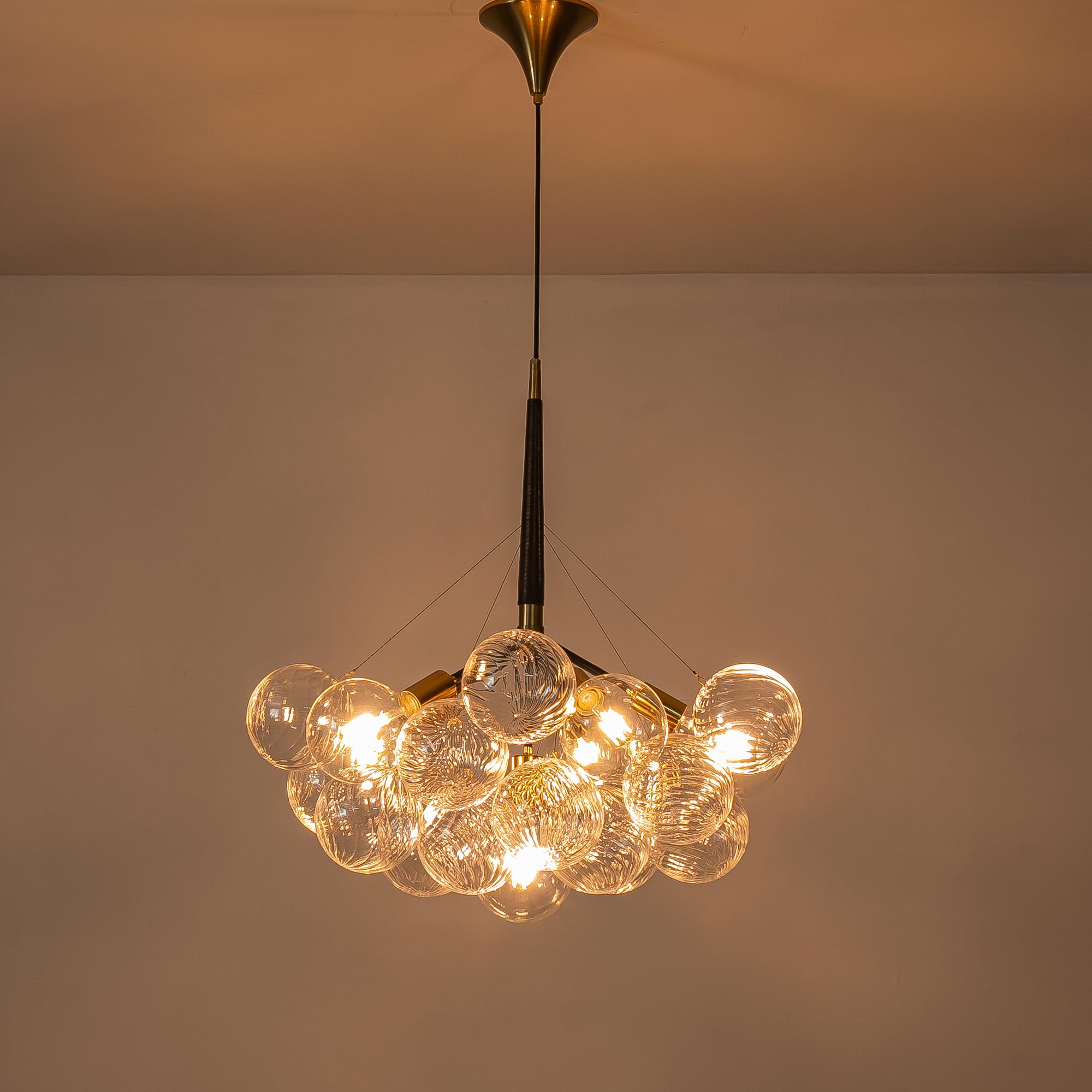 Mid-Century Aria Sphere Cluster Pendant - Modern Hand-Blown Clear Glass Bubble - BeyPan