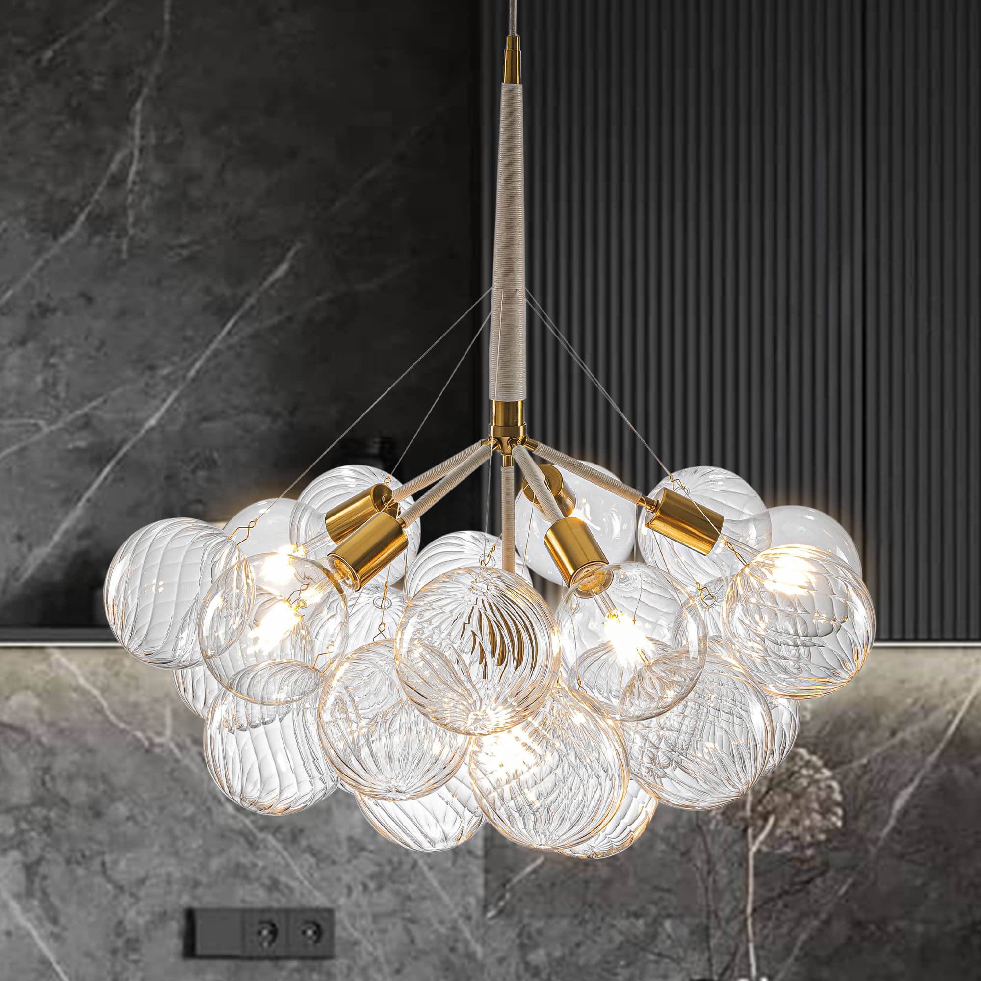 Mid Century Bubbles Chandelier Clear Swirled Texture Glass Ball - BeyPan