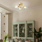 Mid Century Ceiling Light Brass Semi Flush Clear Ribbed Glass Globe - BeyPan