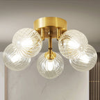 Mid Century Ceiling Light Brass Semi Flush Clear Ribbed Glass Globe - BeyPan