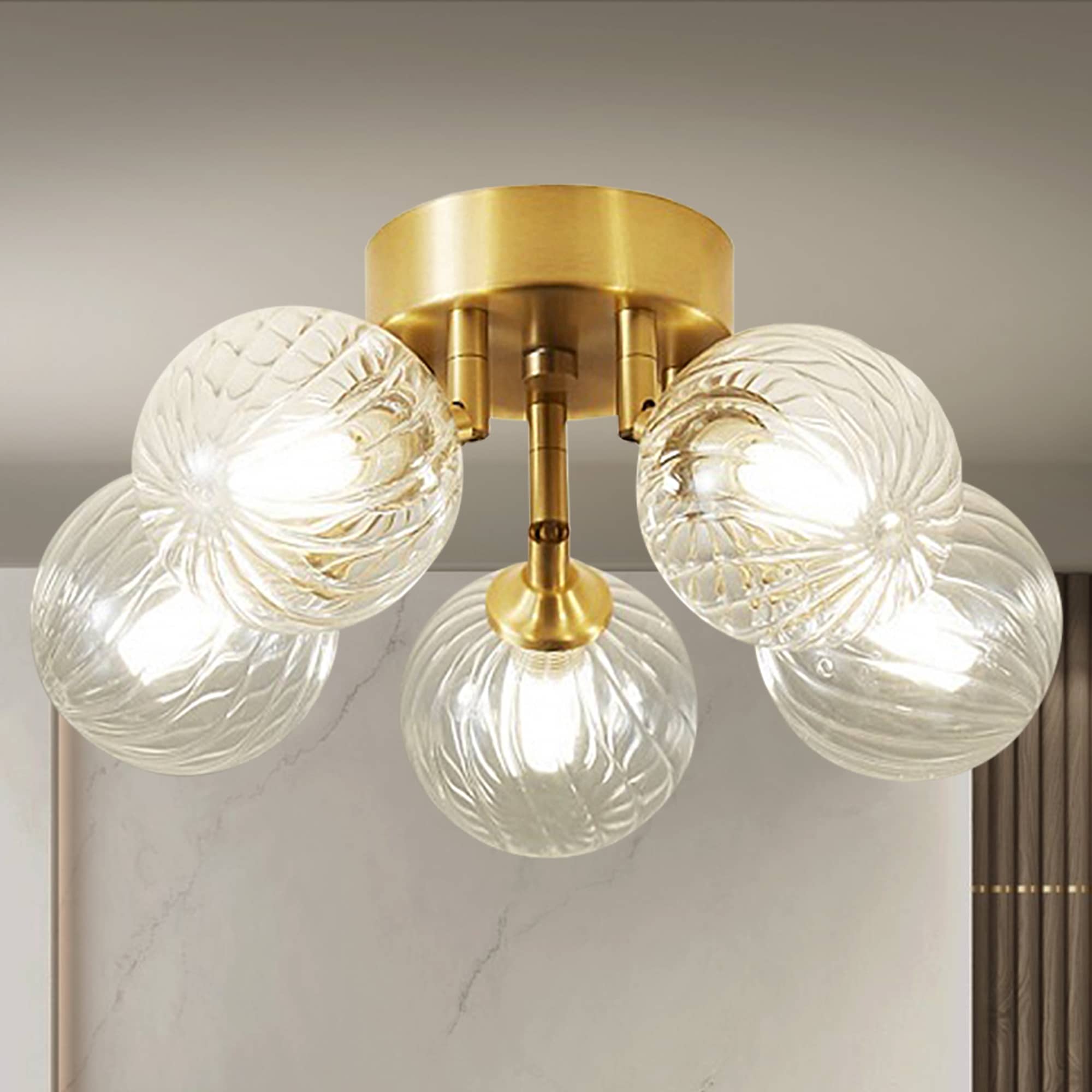 Mid Century Ceiling Light Brass Semi Flush Clear Ribbed Glass Globe - BeyPan