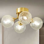 Mid Century Ceiling Light Brass Semi Flush Clear Ribbed Glass Globe - BeyPan
