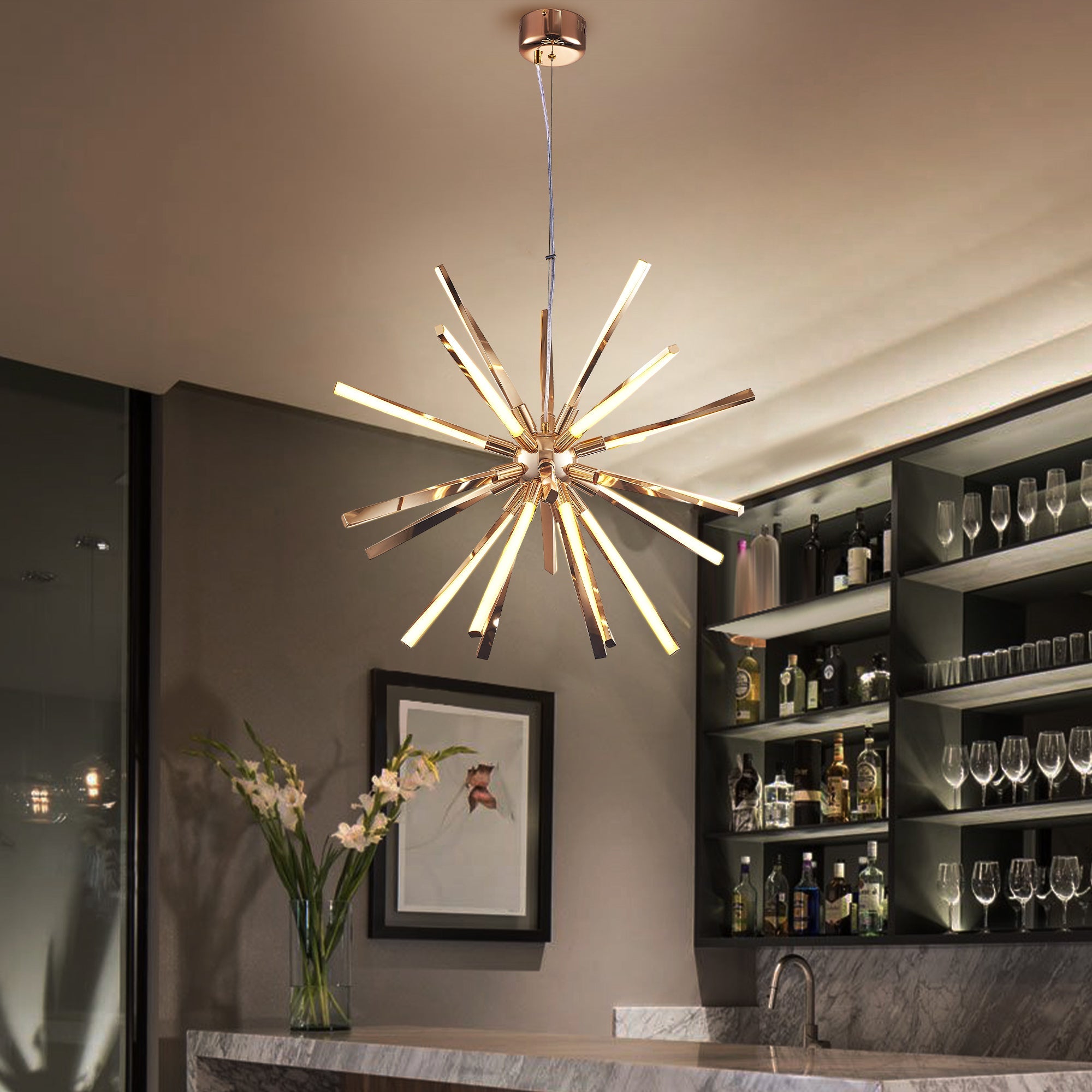Mid-Century Starburst Chandelier Twisted Metal Tubes White Lamp Shade - BeyPan