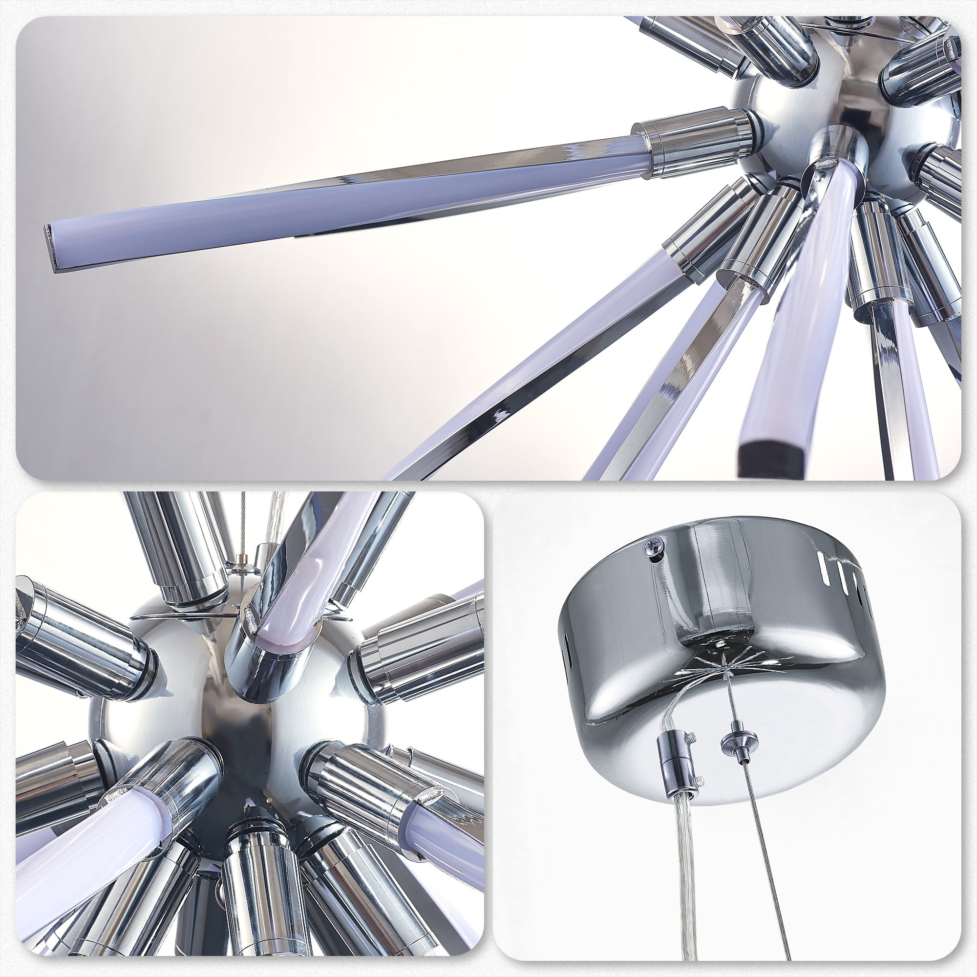 Mid-Century Starburst Chandelier Twisted Metal Tubes White Lamp Shade - BeyPan