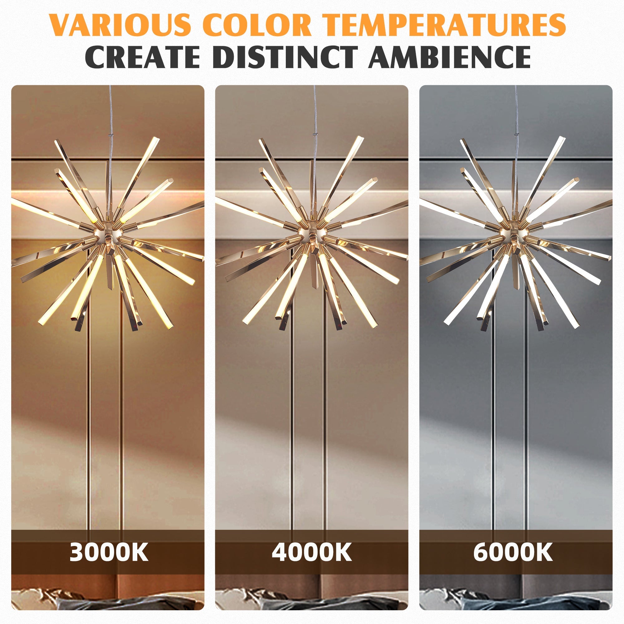 Mid-Century Starburst Chandelier Twisted Metal Tubes White Lamp Shade - BeyPan
