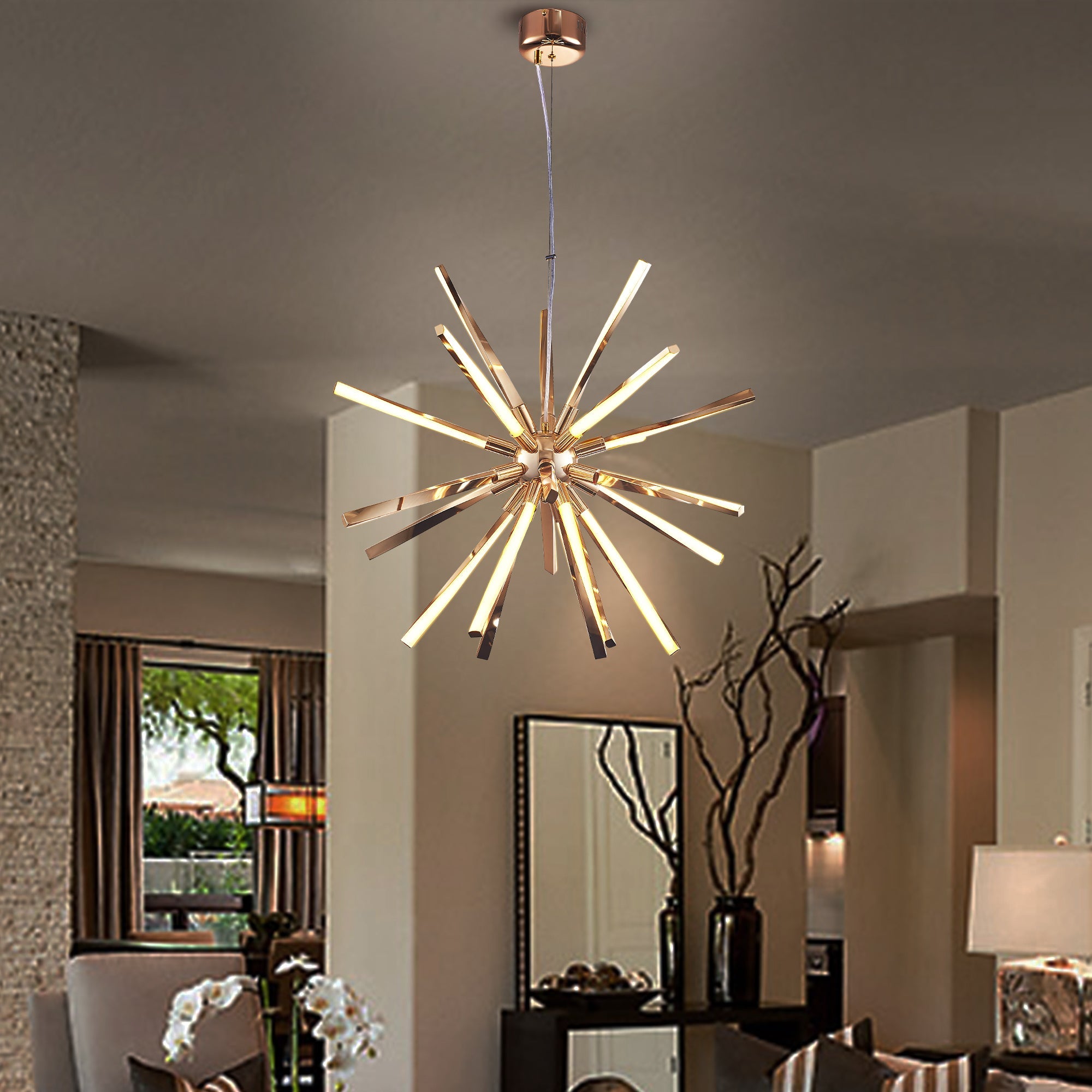 Mid-Century Starburst Chandelier Twisted Metal Tubes White Lamp Shade - BeyPan