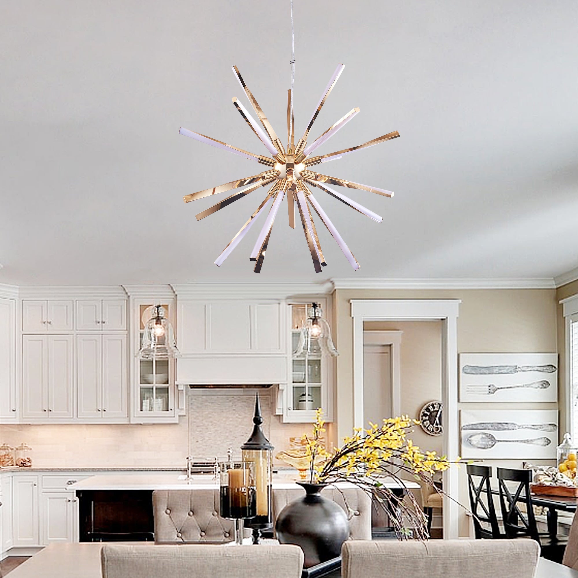 Mid-Century Starburst Chandelier Twisted Metal Tubes White Lamp Shade - BeyPan