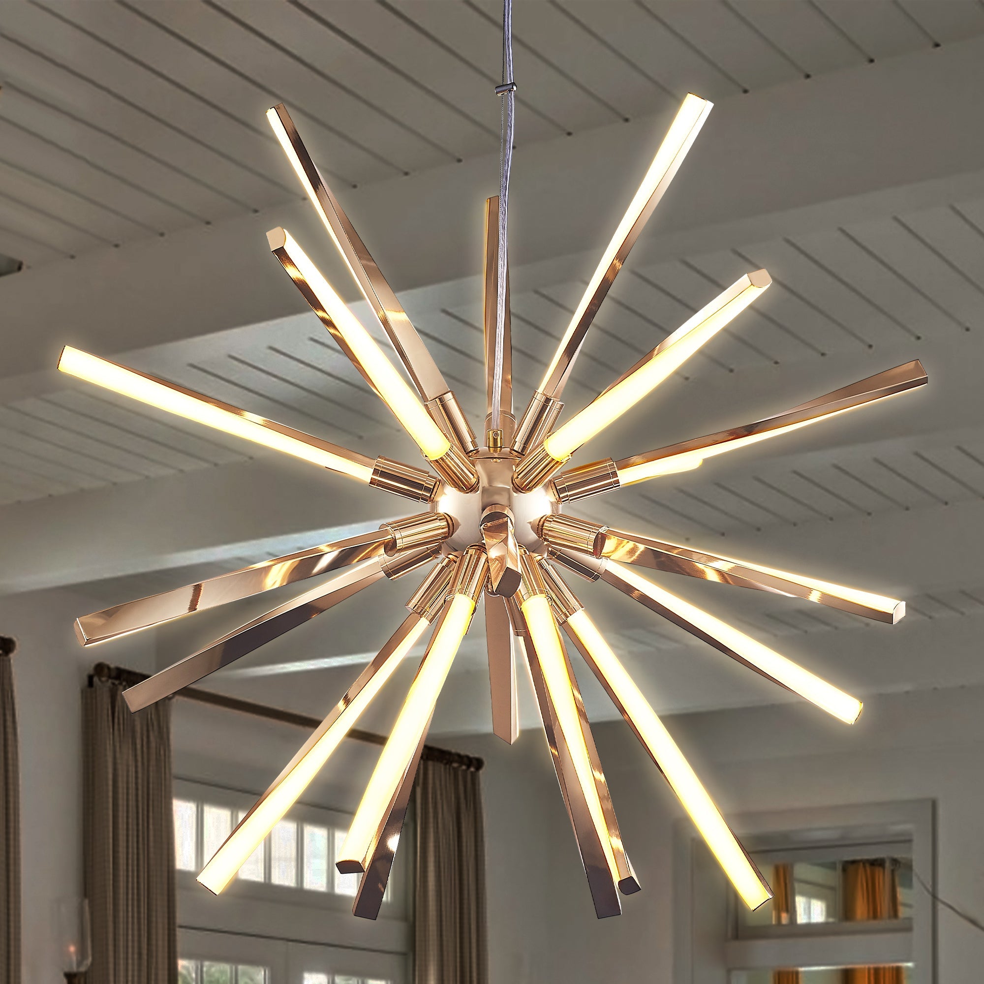 Mid-Century Starburst Chandelier Twisted Metal Tubes White Lamp Shade - BeyPan Hauptbild