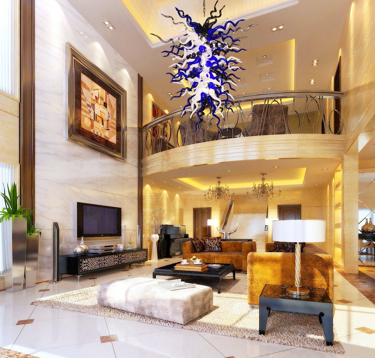 Midnight Nebula Artisan Blown Glass Chandelier - Blue, Black, and White - BeyPan