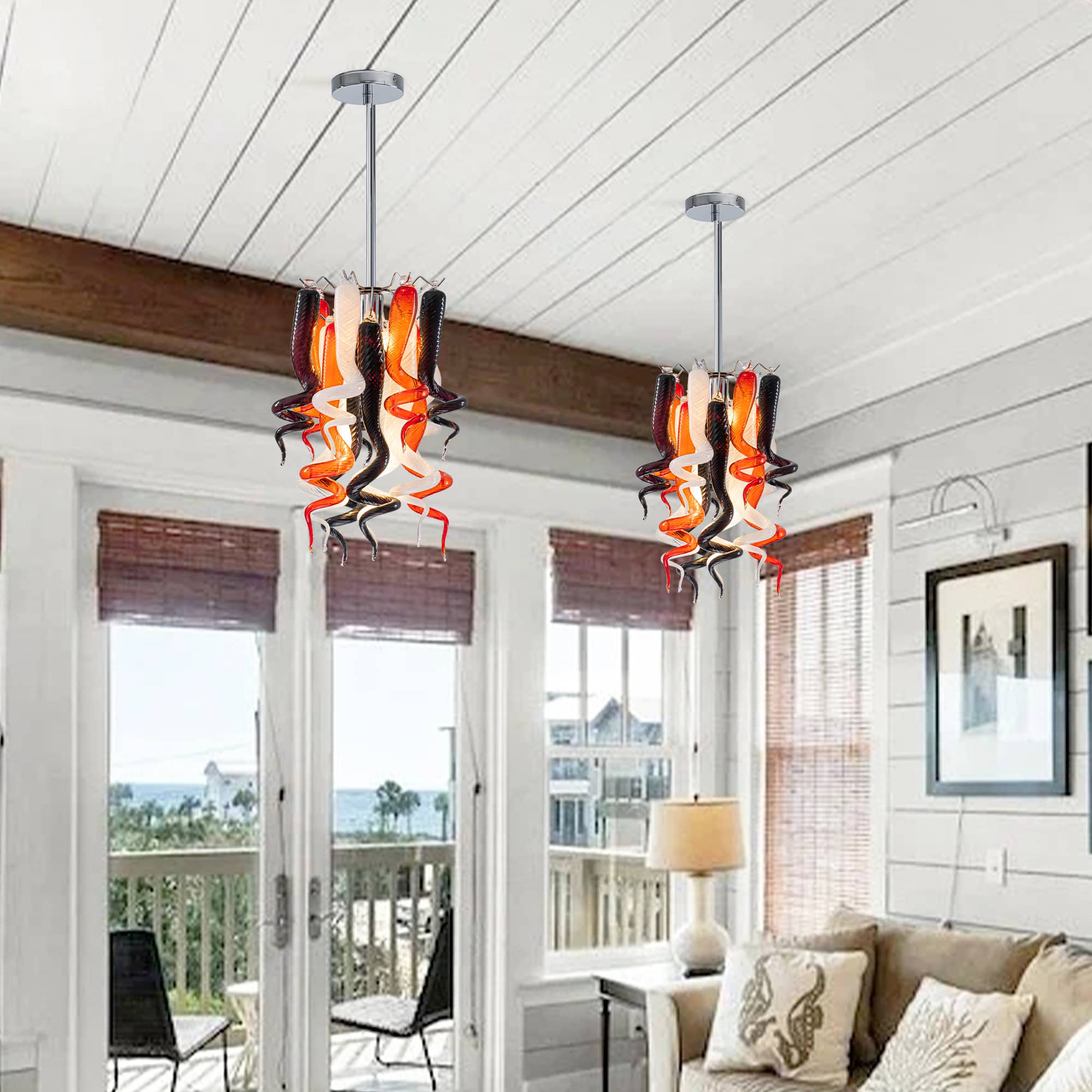 Miniature Designed Murano Style Glass Chandelier White Red And Brown Pendants - BeyPan