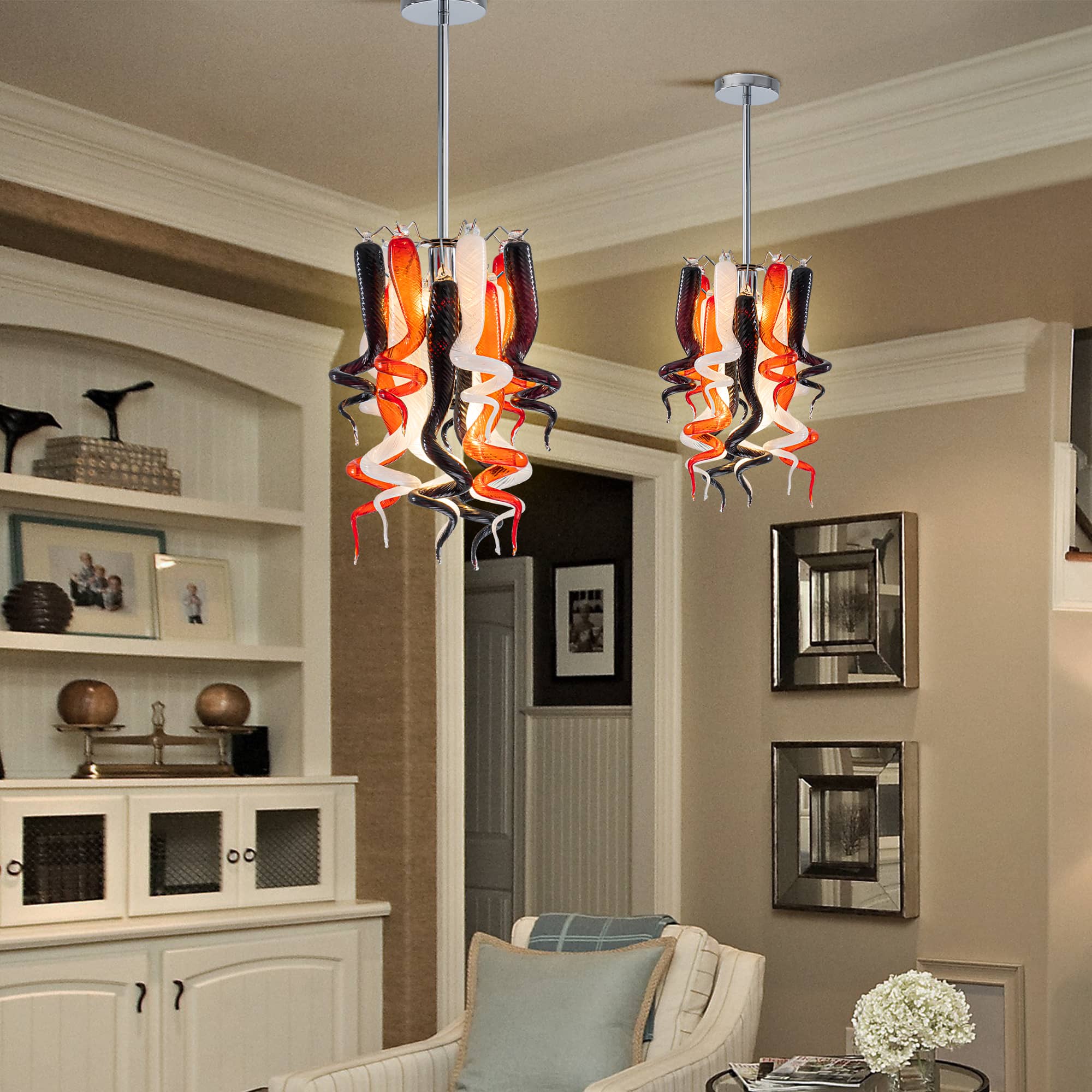 Miniature Designed Murano Style Glass Chandelier White Red And Brown Pendants - BeyPan