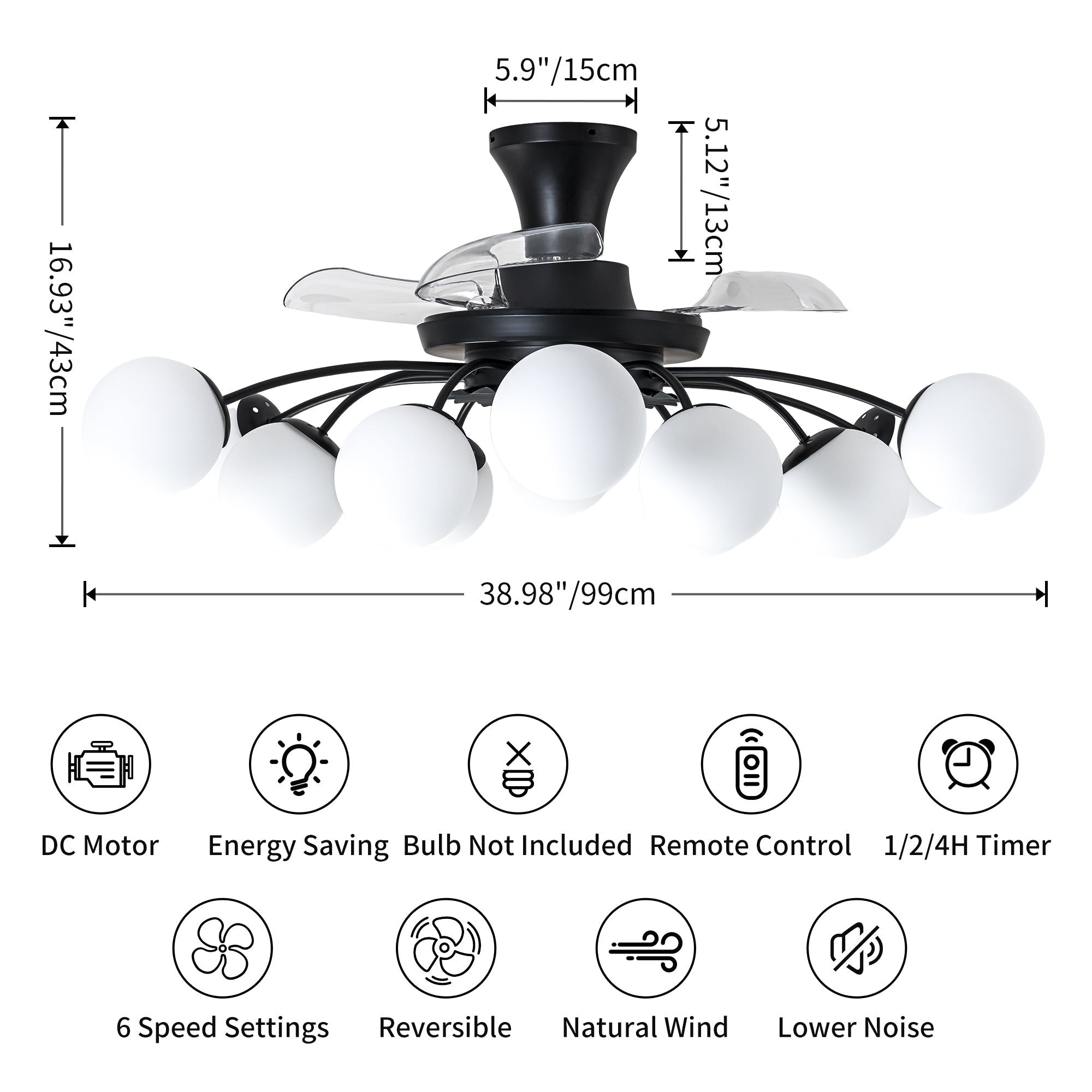Modern 12-Light Black Globe Chandelier Fan with Remote - BeyPan