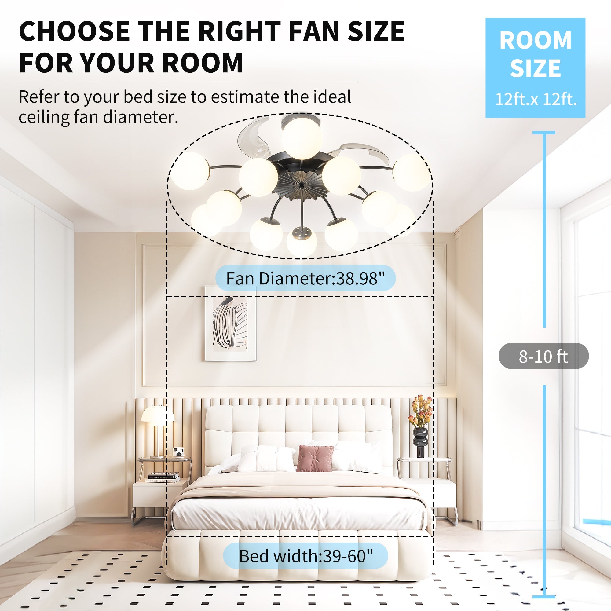 Modern 12-Light Black Globe Chandelier Fan with Remote - BeyPan