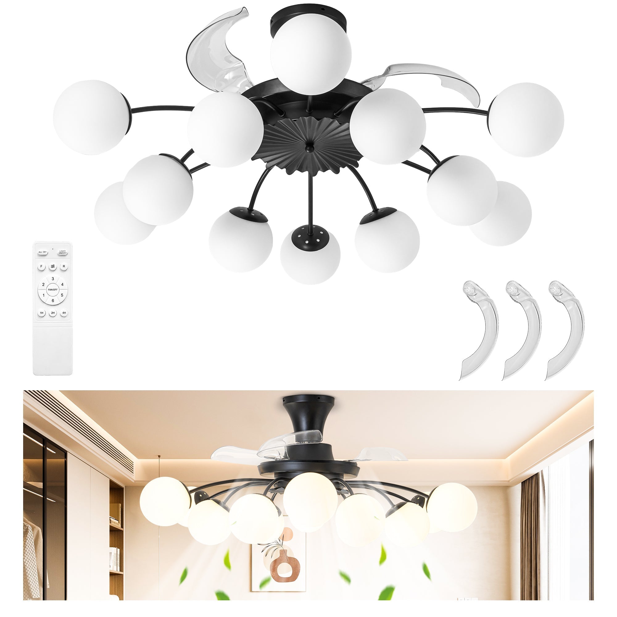 Modern 12-Light Black Globe Chandelier Fan with Remote - BeyPan