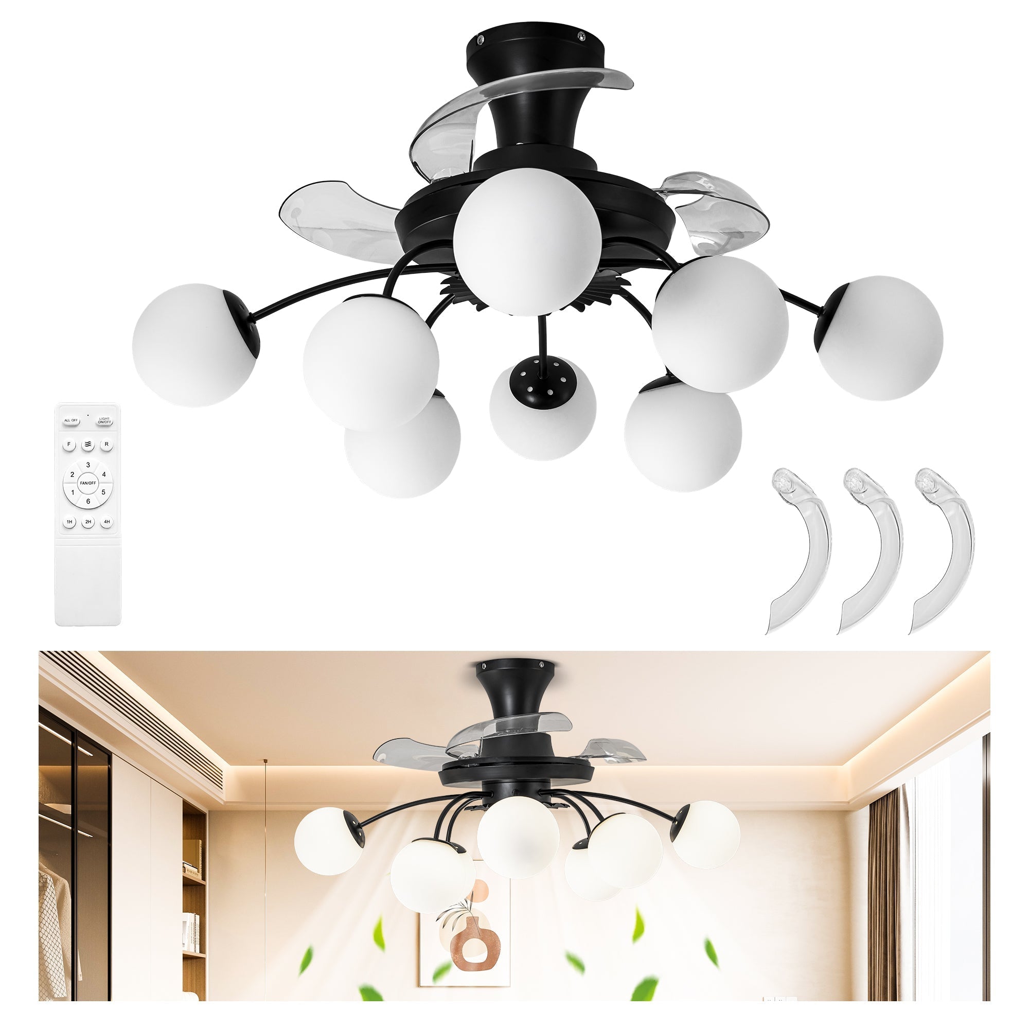 Modern Black Chandelier Fan with 8 Globe Lights & Remote - BeyPan