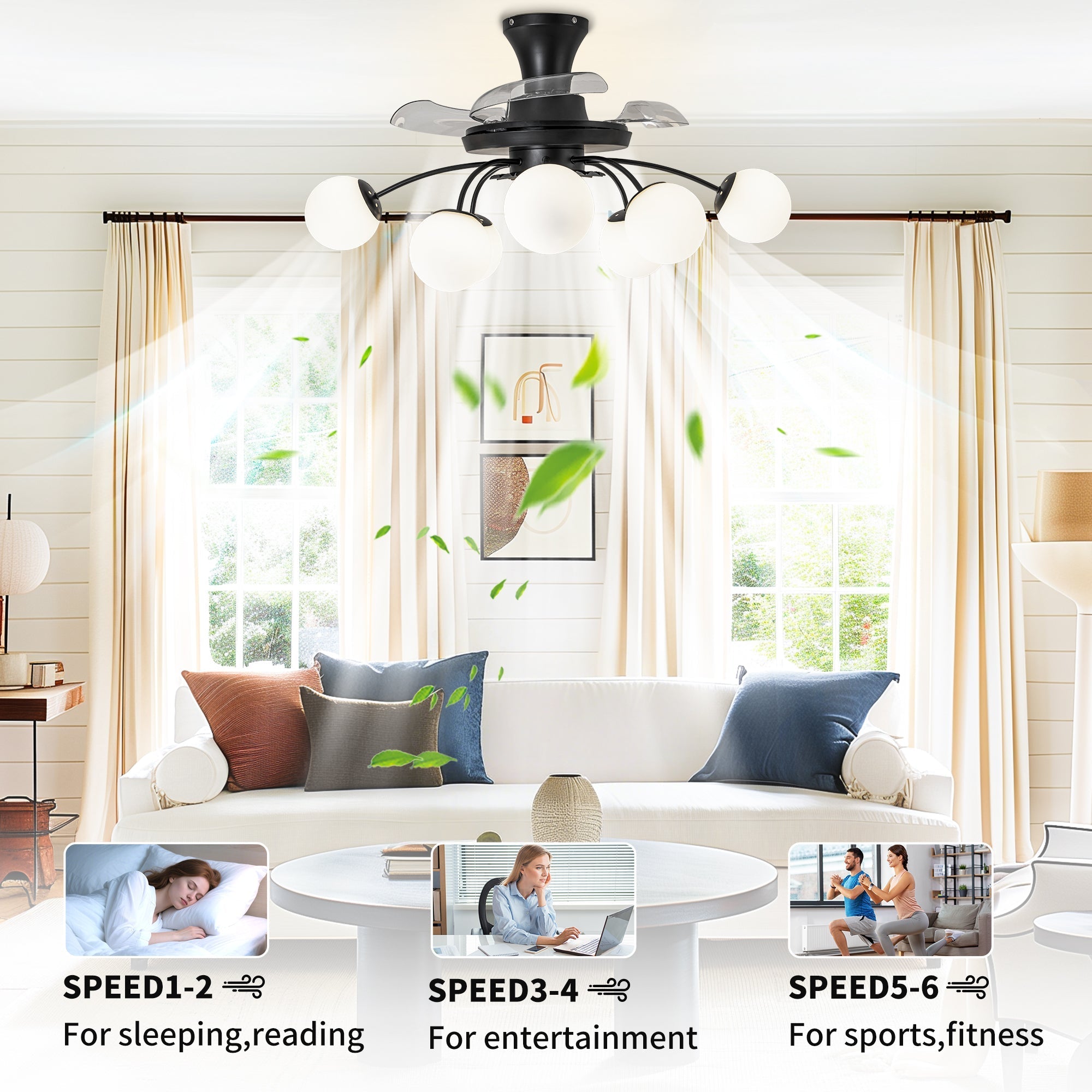 Modern Black Chandelier Fan with 8 Globe Lights & Remote - BeyPan